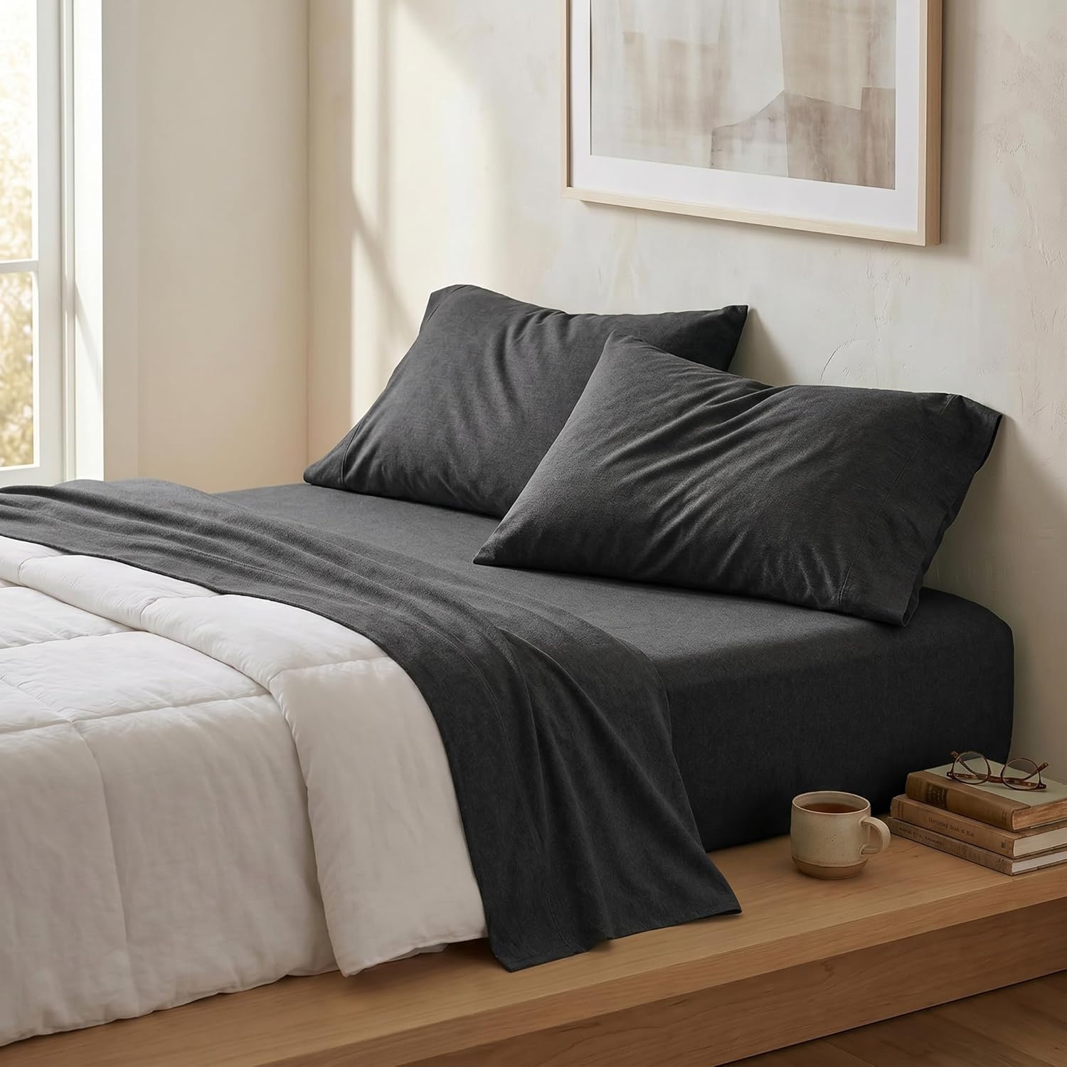 image:imageUS POLO ASSN Jersey Knit Sheet Set Cotton Blend TShirt amp Pajama Feel Deep Pocket WrinkleResistant Cooling amp Breathable Everyday Comfort StretchBlack