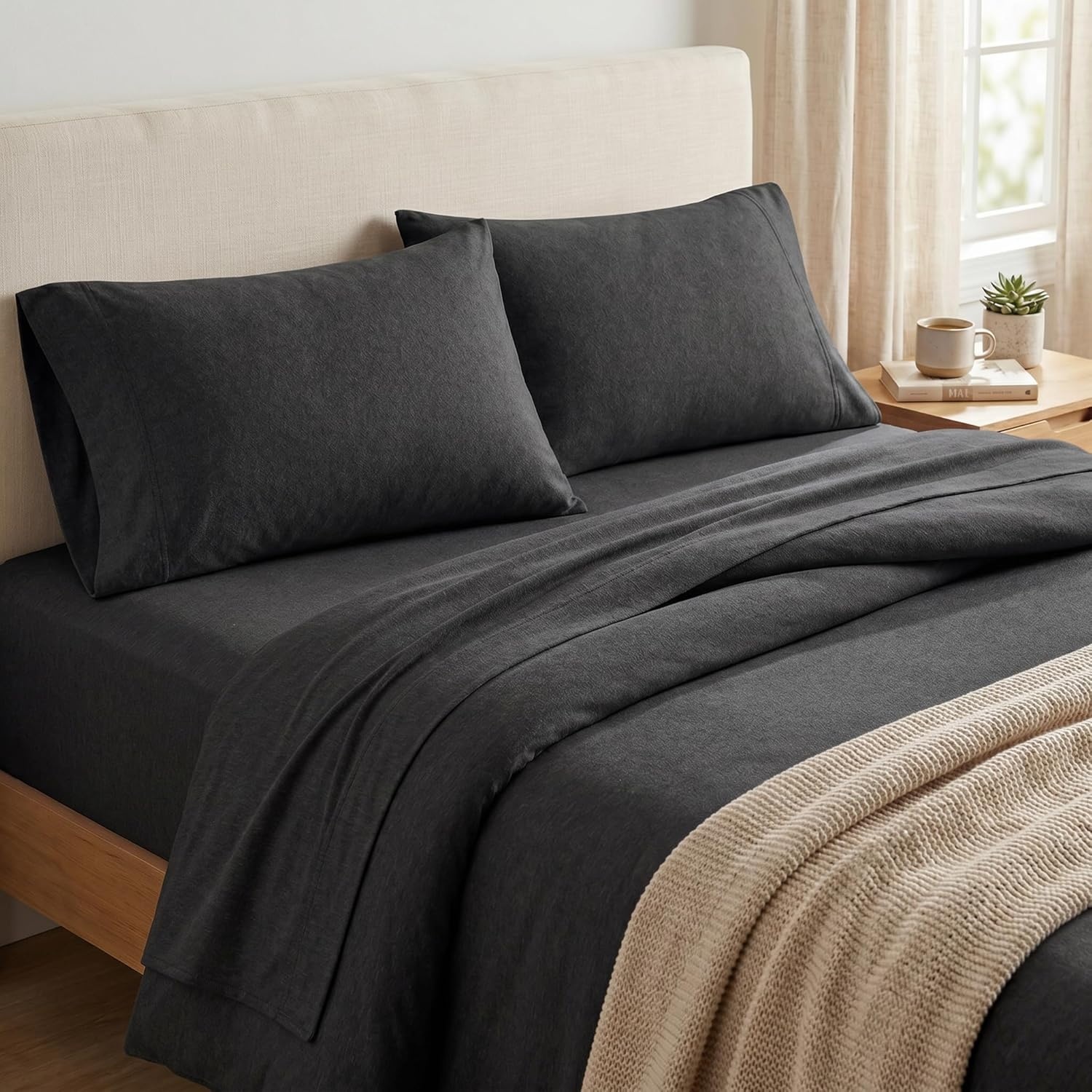 image:imageUS POLO ASSN Jersey Knit Sheet Set Cotton Blend TShirt amp Pajama Feel Deep Pocket WrinkleResistant Cooling amp Breathable Everyday Comfort StretchBlack