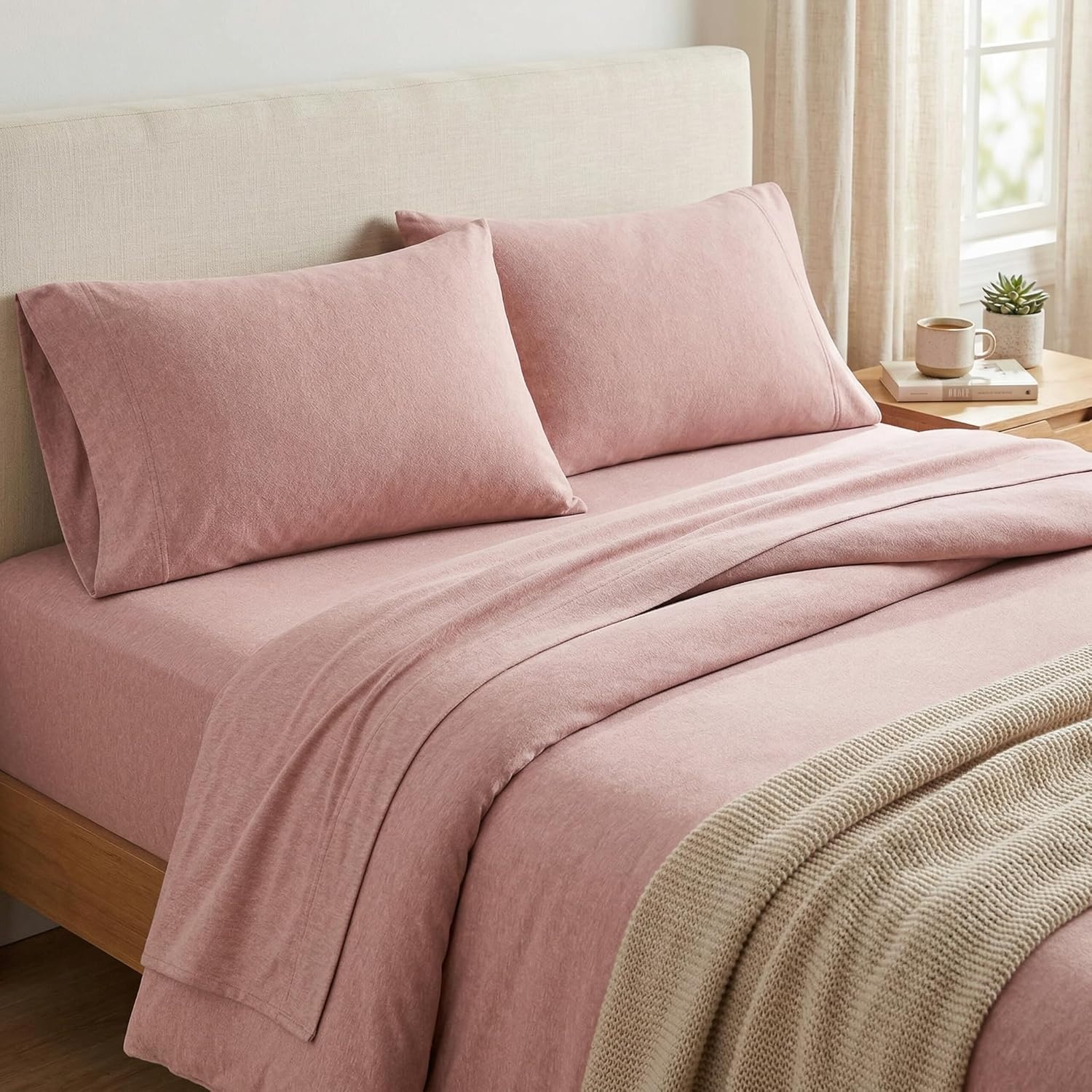 image:imageUS POLO ASSN Jersey Knit Sheet Set Cotton Blend TShirt amp Pajama Feel Deep Pocket WrinkleResistant Cooling amp Breathable Everyday Comfort StretchBlush