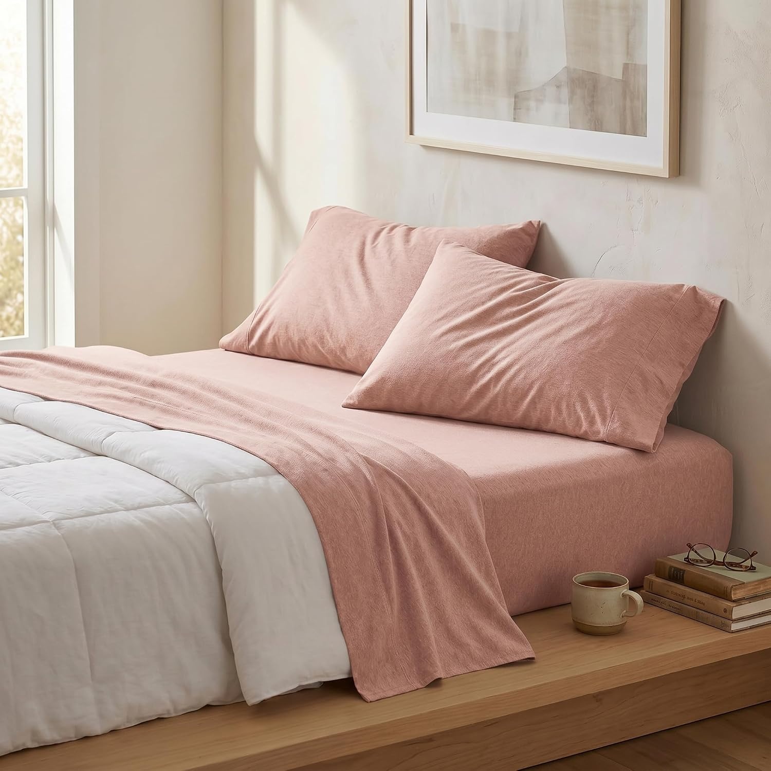 image:imageUS POLO ASSN Jersey Knit Sheet Set Cotton Blend TShirt amp Pajama Feel Deep Pocket WrinkleResistant Cooling amp Breathable Everyday Comfort StretchBlush