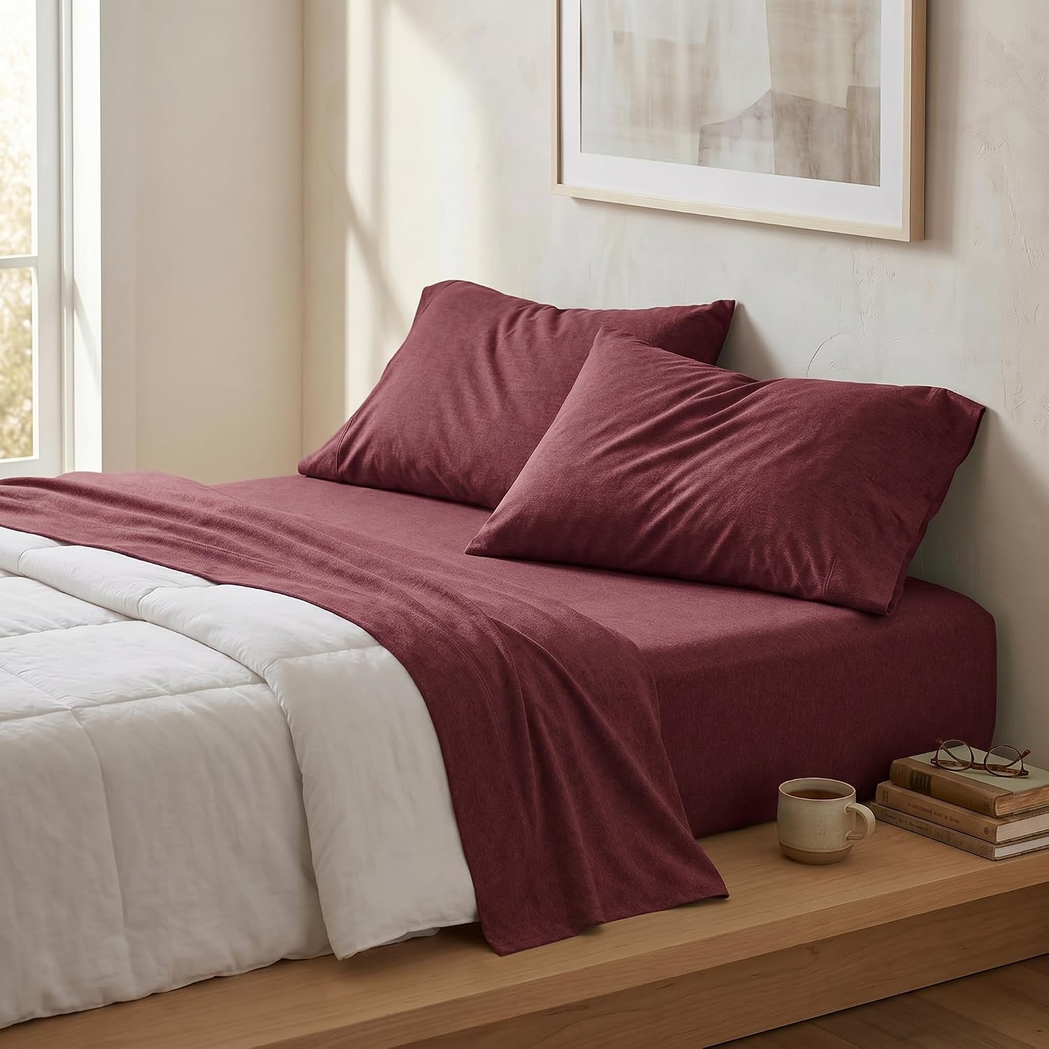 image:imageUS POLO ASSN Jersey Knit Sheet Set Cotton Blend TShirt amp Pajama Feel Deep Pocket WrinkleResistant Cooling amp Breathable Everyday Comfort StretchBurgundy