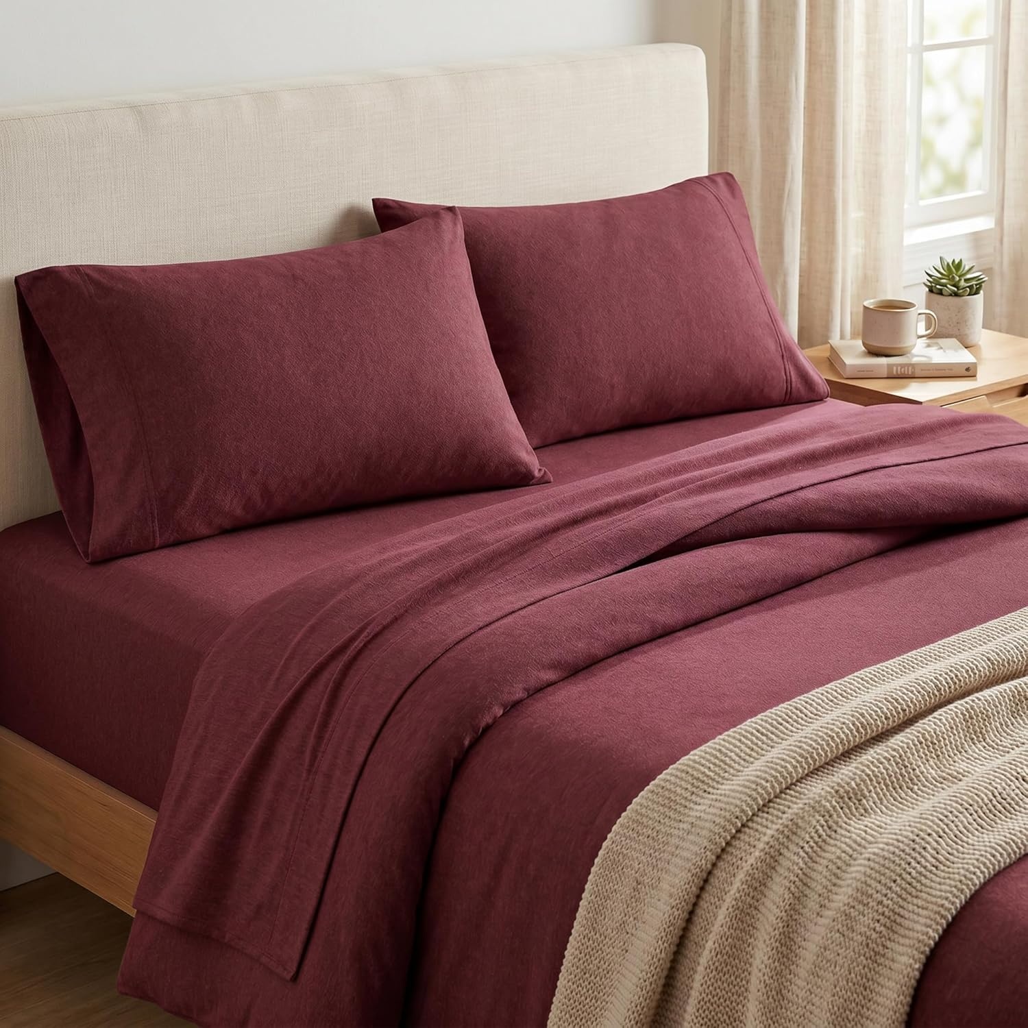 image:imageUS POLO ASSN Jersey Knit Sheet Set Cotton Blend TShirt amp Pajama Feel Deep Pocket WrinkleResistant Cooling amp Breathable Everyday Comfort StretchBurgundy