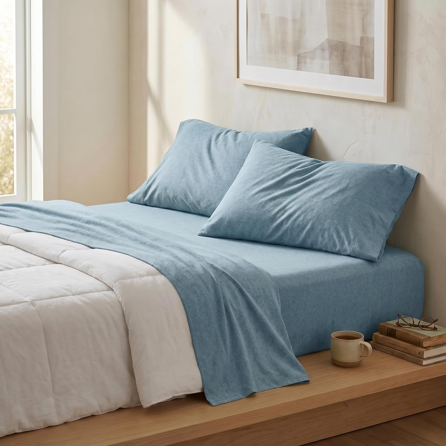 image:imageUS POLO ASSN Jersey Knit Sheet Set Cotton Blend TShirt amp Pajama Feel Deep Pocket WrinkleResistant Cooling amp Breathable Everyday Comfort StretchCameo Blue