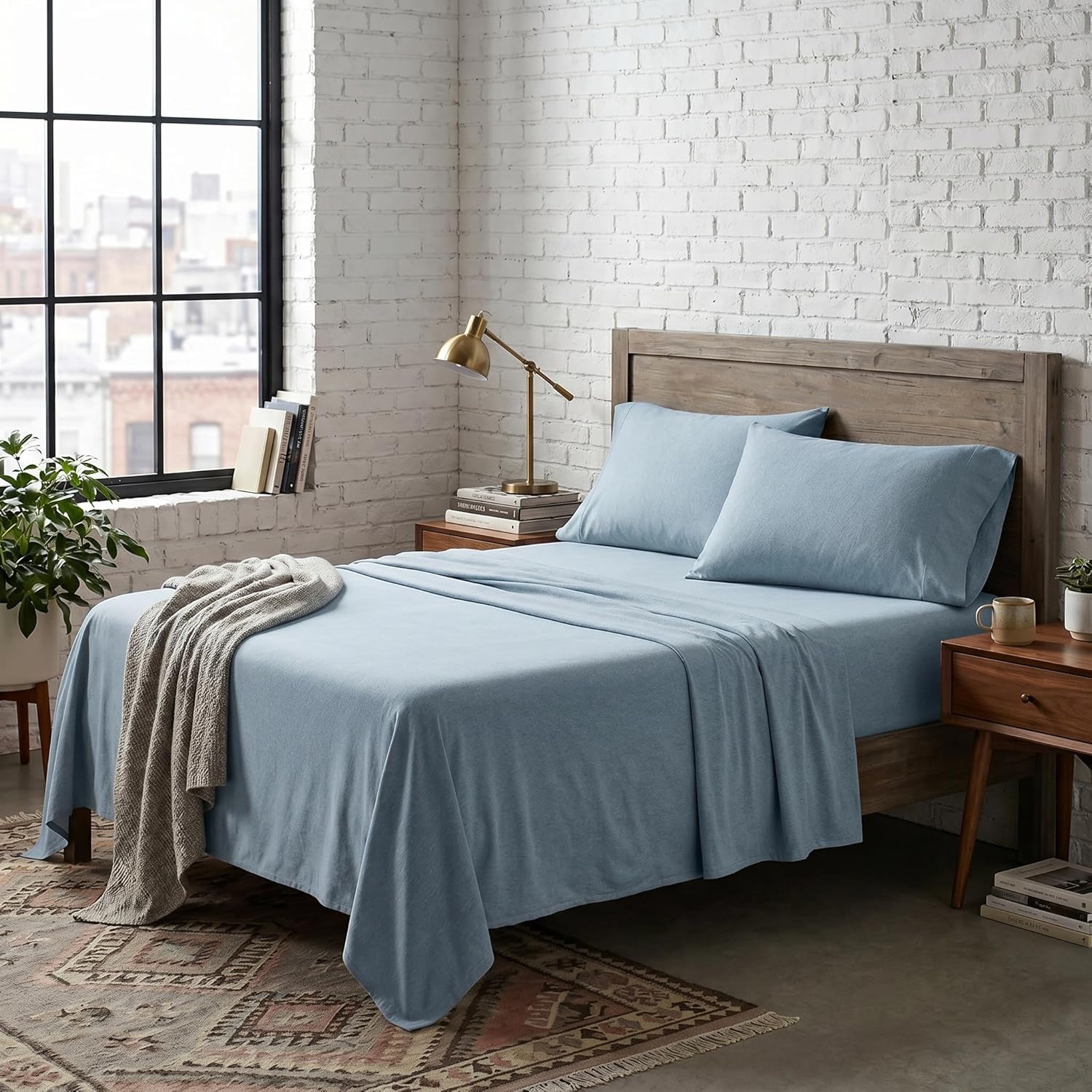 image:imageUS POLO ASSN Jersey Knit Sheet Set Cotton Blend TShirt amp Pajama Feel Deep Pocket WrinkleResistant Cooling amp Breathable Everyday Comfort StretchCameo Blue