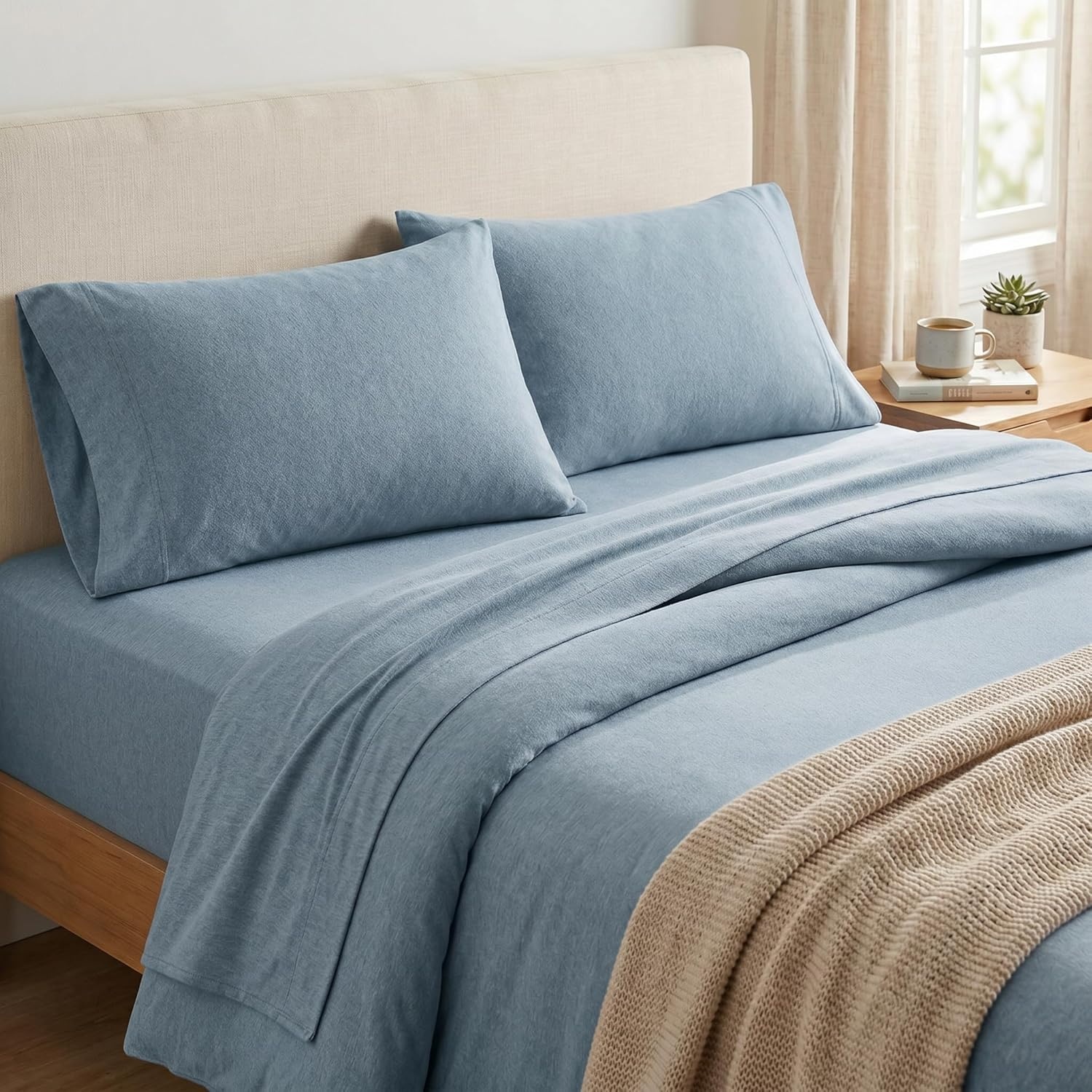 image:imageUS POLO ASSN Jersey Knit Sheet Set Cotton Blend TShirt amp Pajama Feel Deep Pocket WrinkleResistant Cooling amp Breathable Everyday Comfort StretchCameo Blue