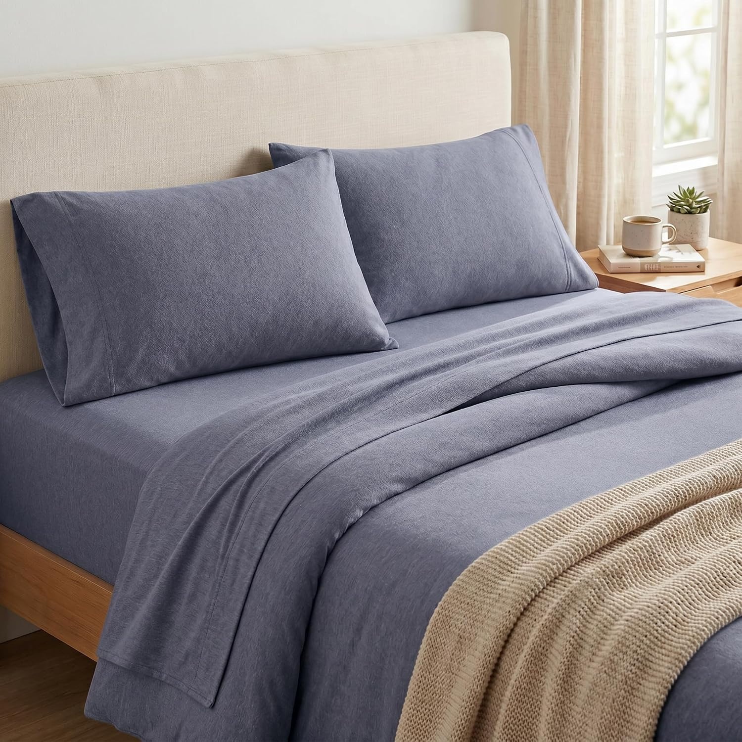 image:imageUS POLO ASSN Jersey Knit Sheet Set Cotton Blend TShirt amp Pajama Feel Deep Pocket WrinkleResistant Cooling amp Breathable Everyday Comfort StretchDenim