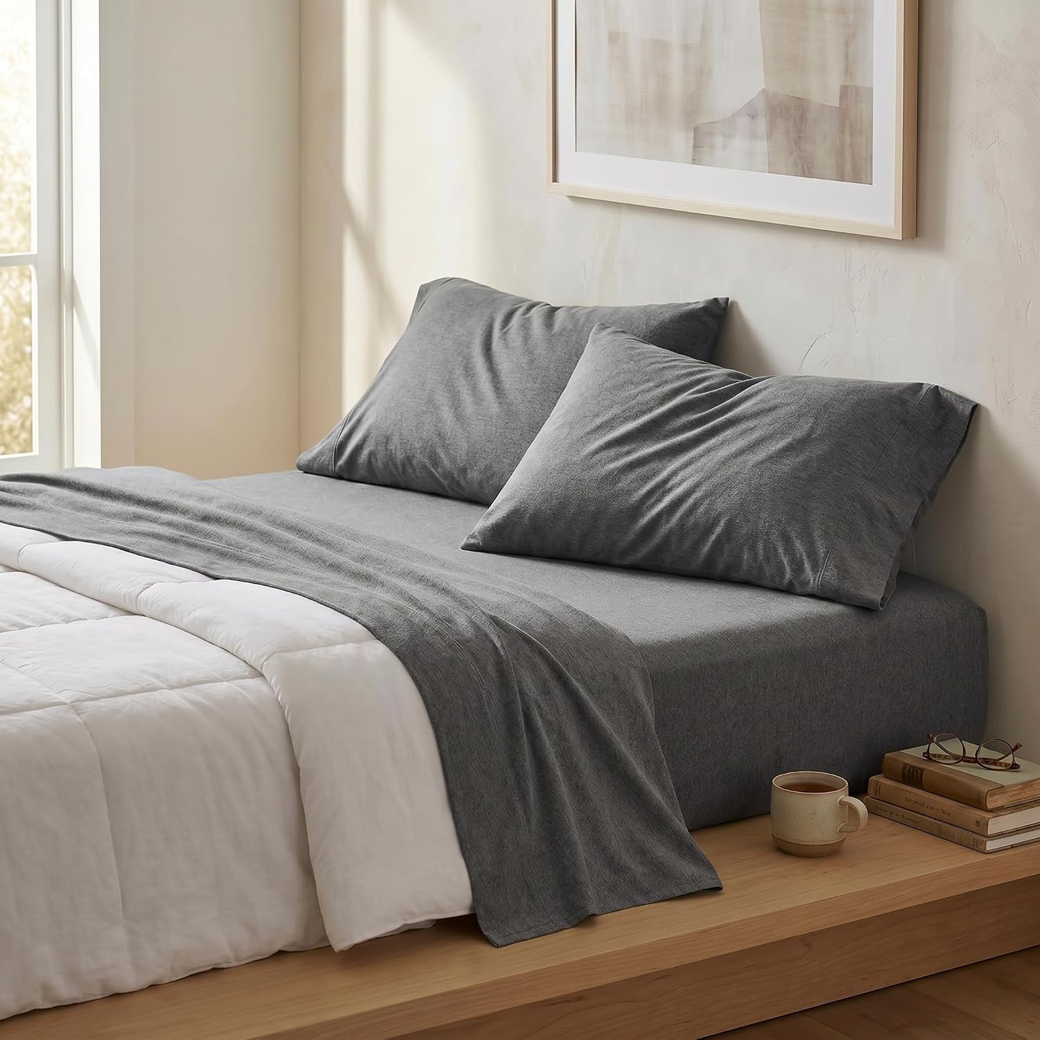 image:imageUS POLO ASSN Jersey Knit Sheet Set Cotton Blend TShirt amp Pajama Feel Deep Pocket WrinkleResistant Cooling amp Breathable Everyday Comfort StretchGrey Flannel