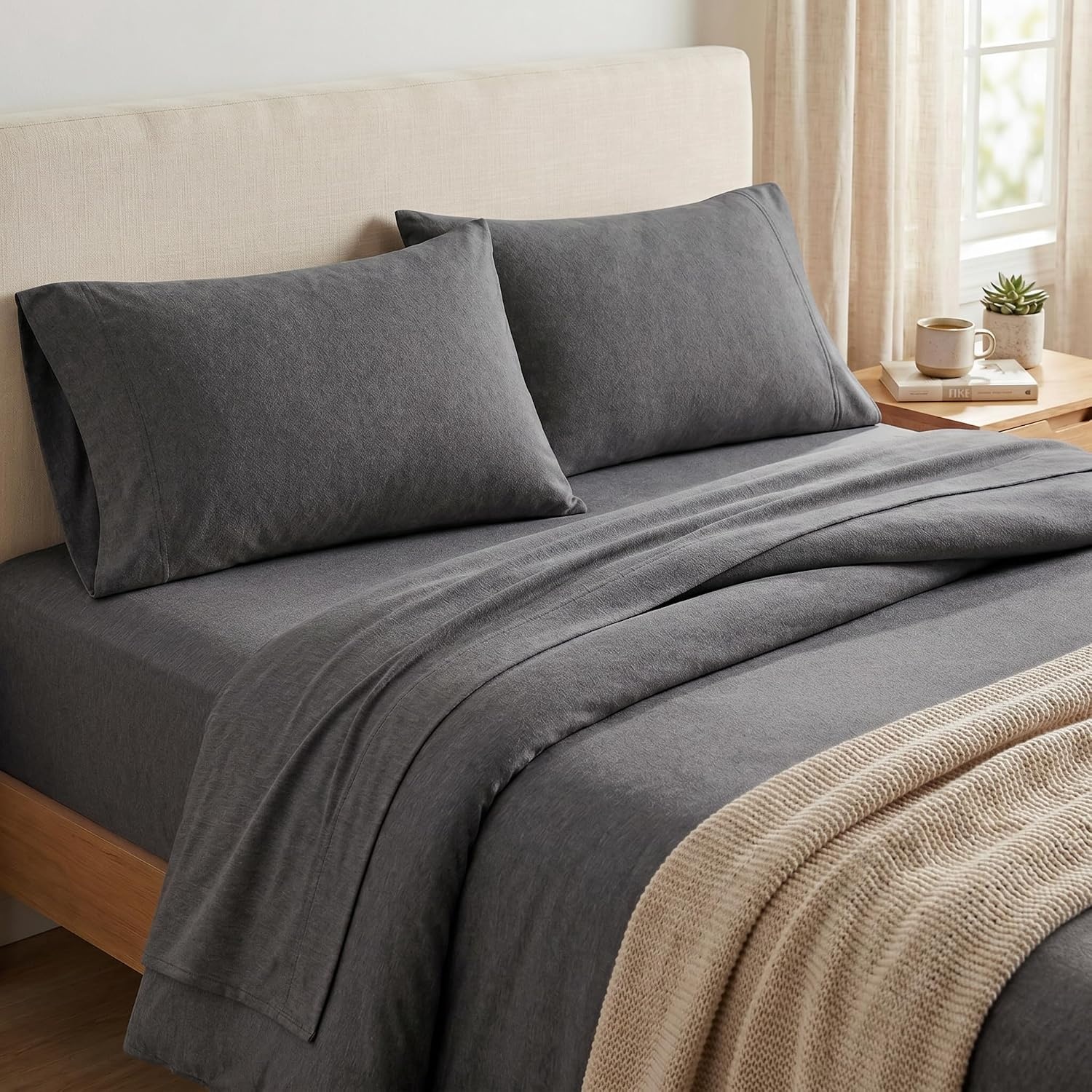 image:imageUS POLO ASSN Jersey Knit Sheet Set Cotton Blend TShirt amp Pajama Feel Deep Pocket WrinkleResistant Cooling amp Breathable Everyday Comfort StretchGrey Flannel