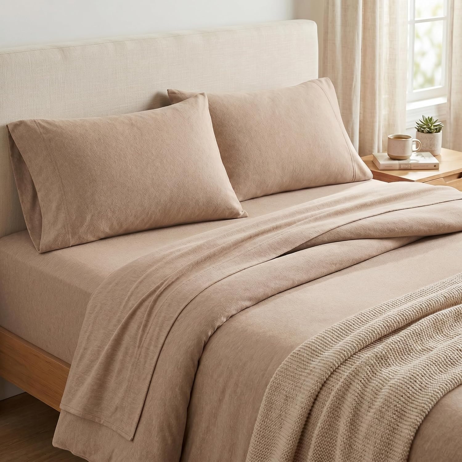 image:imageUS POLO ASSN Jersey Knit Sheet Set Cotton Blend TShirt amp Pajama Feel Deep Pocket WrinkleResistant Cooling amp Breathable Everyday Comfort StretchHeather Tan