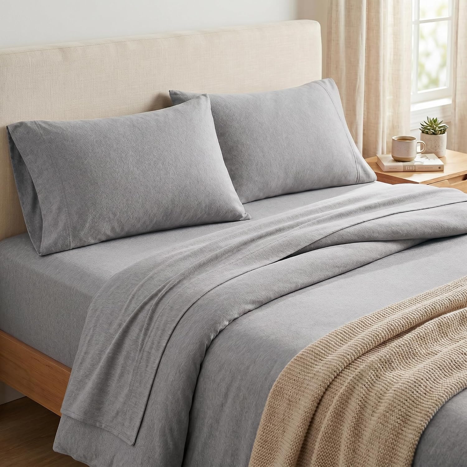 image:imageUS POLO ASSN Jersey Knit Sheet Set Cotton Blend TShirt amp Pajama Feel Deep Pocket WrinkleResistant Cooling amp Breathable Everyday Comfort StretchHeather Light Grey