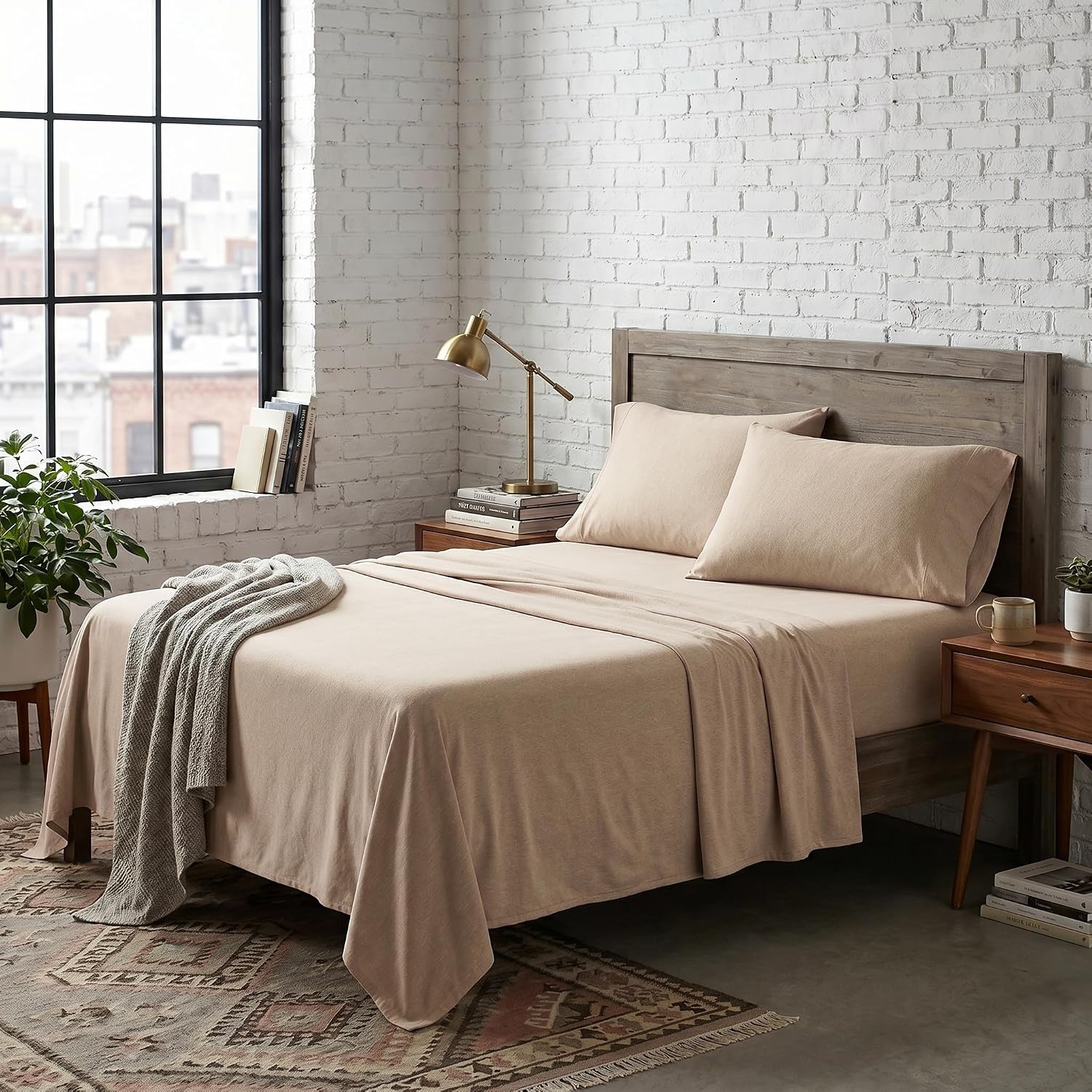 image:imageUS POLO ASSN Jersey Knit Sheet Set Cotton Blend TShirt amp Pajama Feel Deep Pocket WrinkleResistant Cooling amp Breathable Everyday Comfort StretchHeather Oatmeal