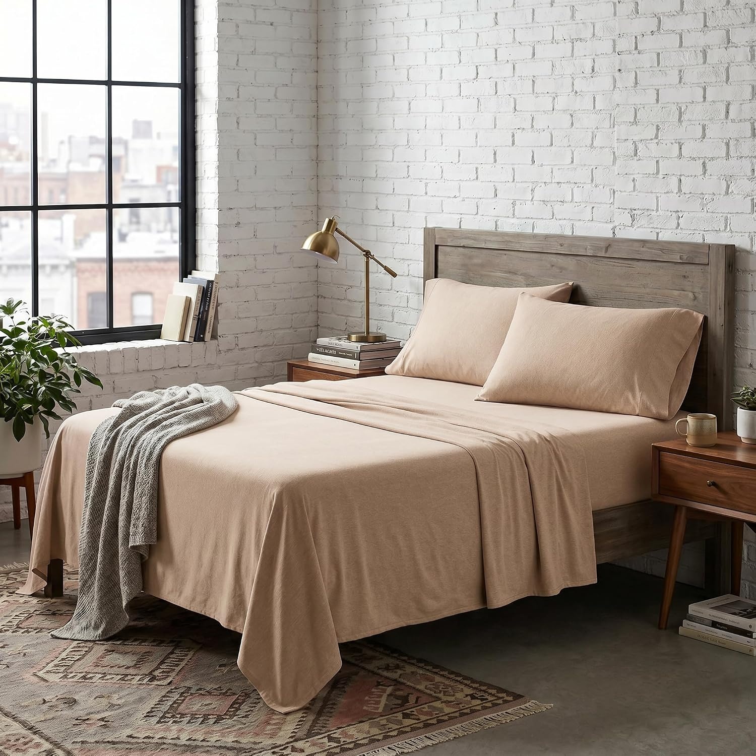 image:imageUS POLO ASSN Jersey Knit Sheet Set Cotton Blend TShirt amp Pajama Feel Deep Pocket WrinkleResistant Cooling amp Breathable Everyday Comfort StretchHeather Tan