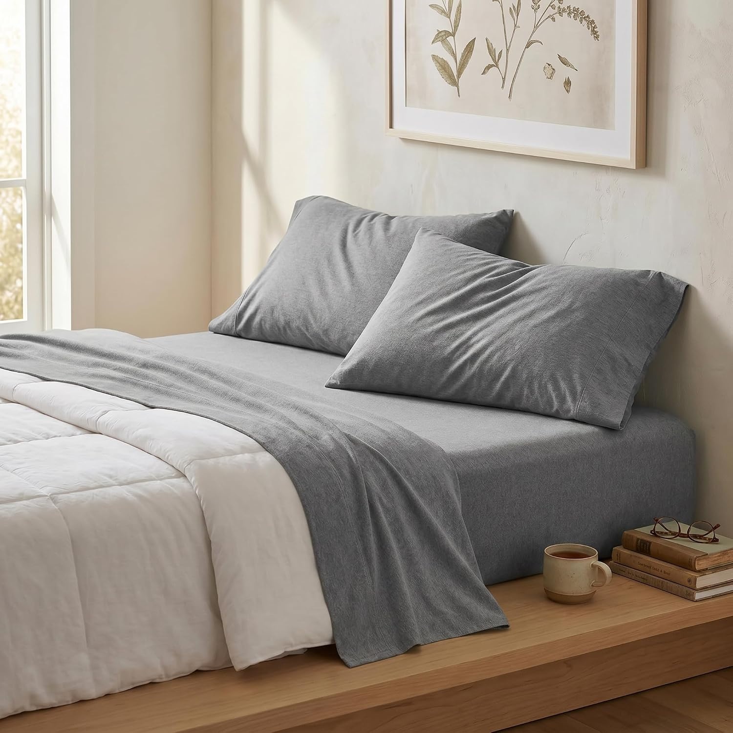 image:imageUS POLO ASSN Jersey Knit Sheet Set Cotton Blend TShirt amp Pajama Feel Deep Pocket WrinkleResistant Cooling amp Breathable Everyday Comfort StretchHeather Grey