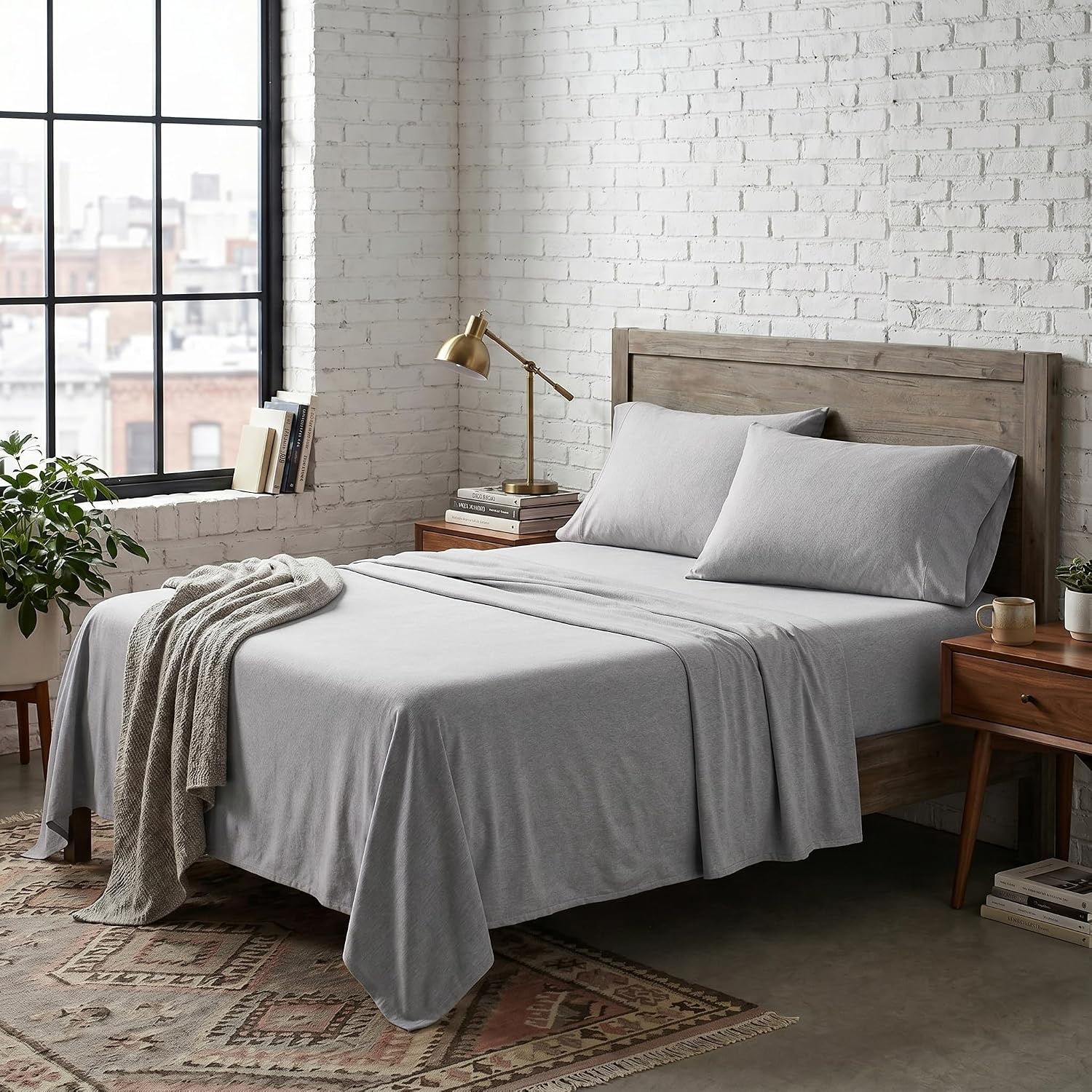 image:imageUS POLO ASSN Jersey Knit Sheet Set Cotton Blend TShirt amp Pajama Feel Deep Pocket WrinkleResistant Cooling amp Breathable Everyday Comfort StretchHeather Light Grey