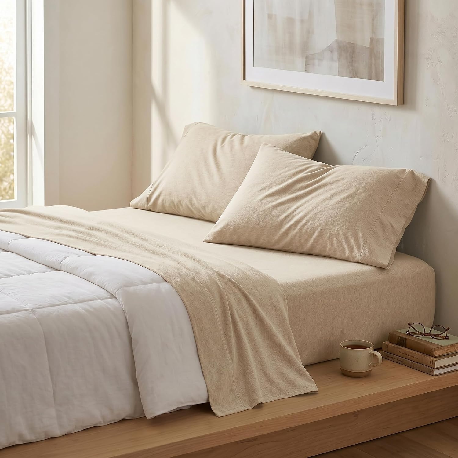 image:imageUS POLO ASSN Jersey Knit Sheet Set Cotton Blend TShirt amp Pajama Feel Deep Pocket WrinkleResistant Cooling amp Breathable Everyday Comfort StretchHeather Oatmeal