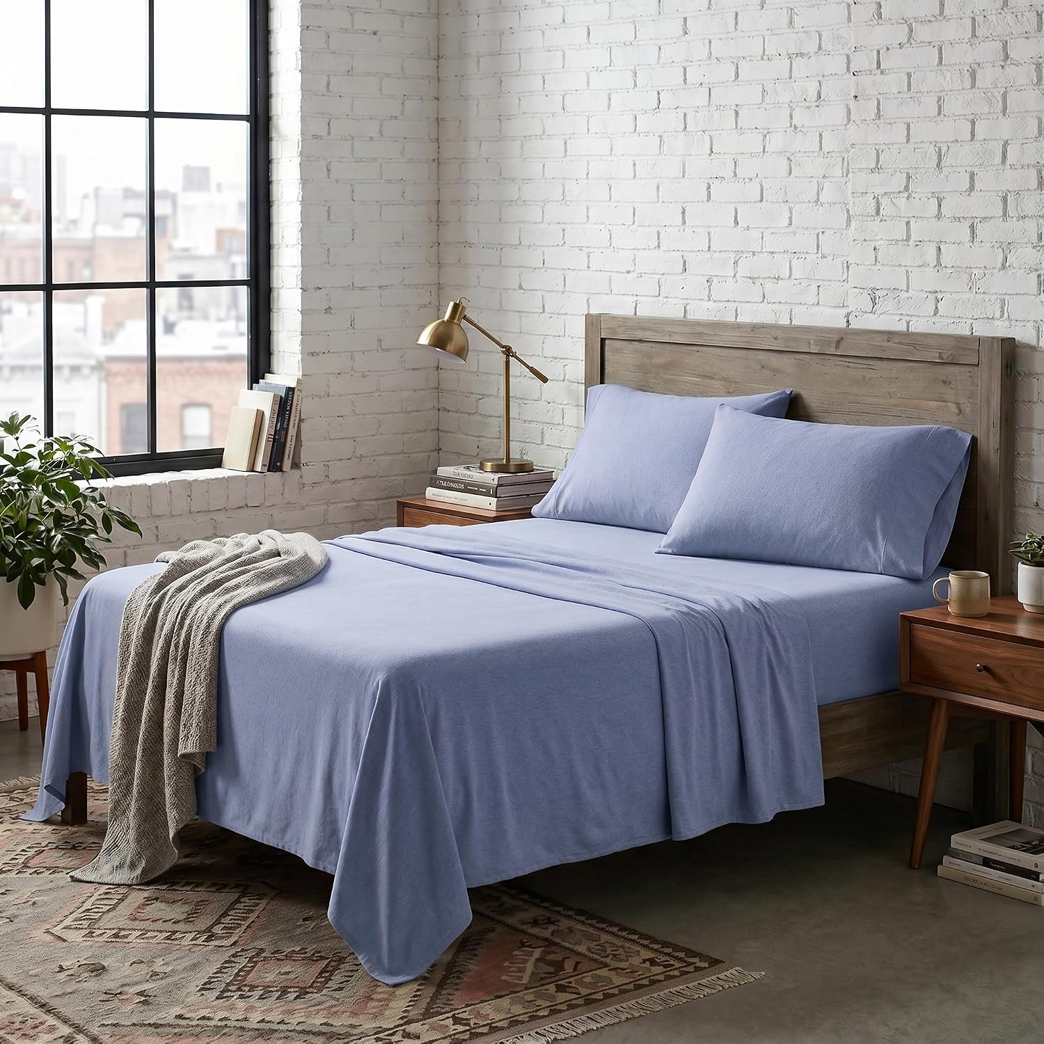 image:imageUS POLO ASSN Jersey Knit Sheet Set Cotton Blend TShirt amp Pajama Feel Deep Pocket WrinkleResistant Cooling amp Breathable Everyday Comfort StretchHeather Light Blue