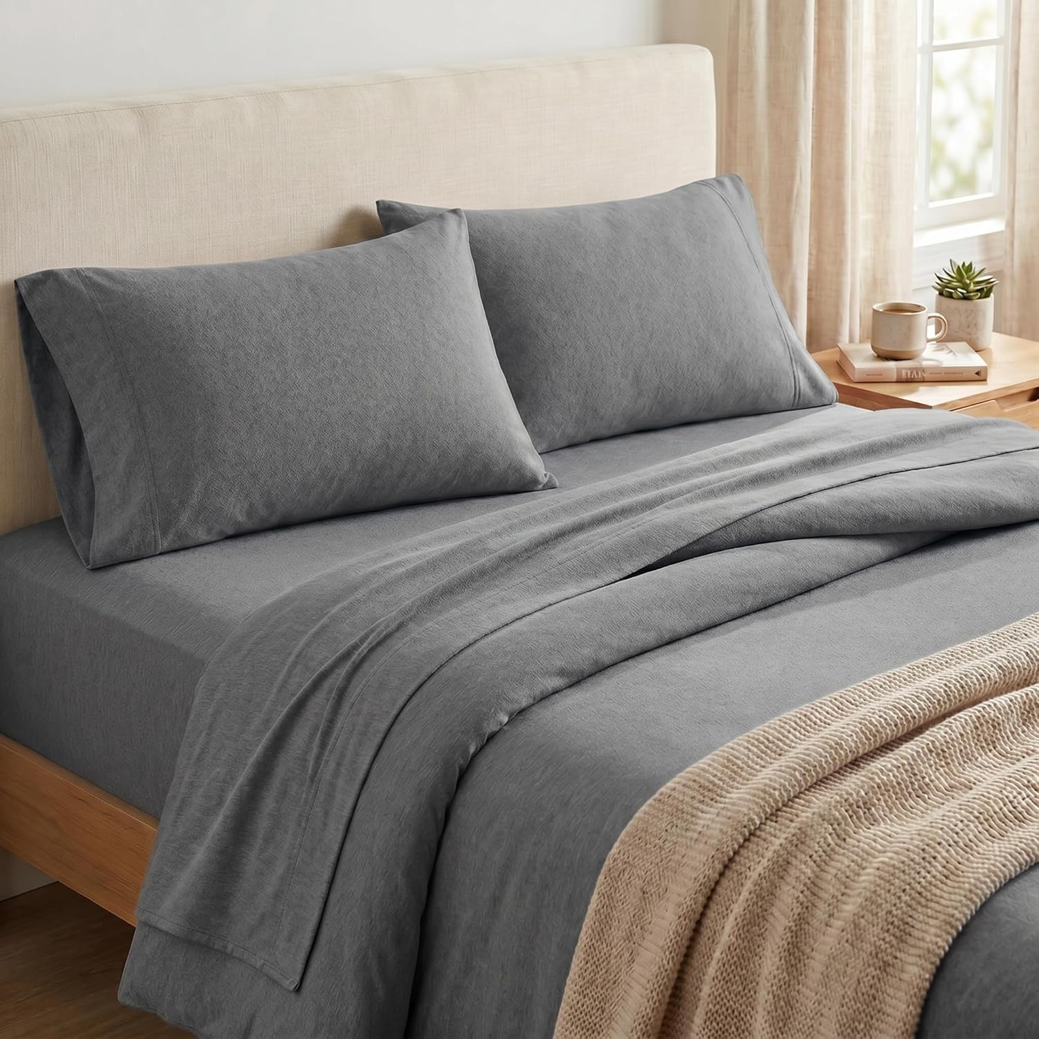 image:imageUS POLO ASSN Jersey Knit Sheet Set Cotton Blend TShirt amp Pajama Feel Deep Pocket WrinkleResistant Cooling amp Breathable Everyday Comfort StretchHeather Grey