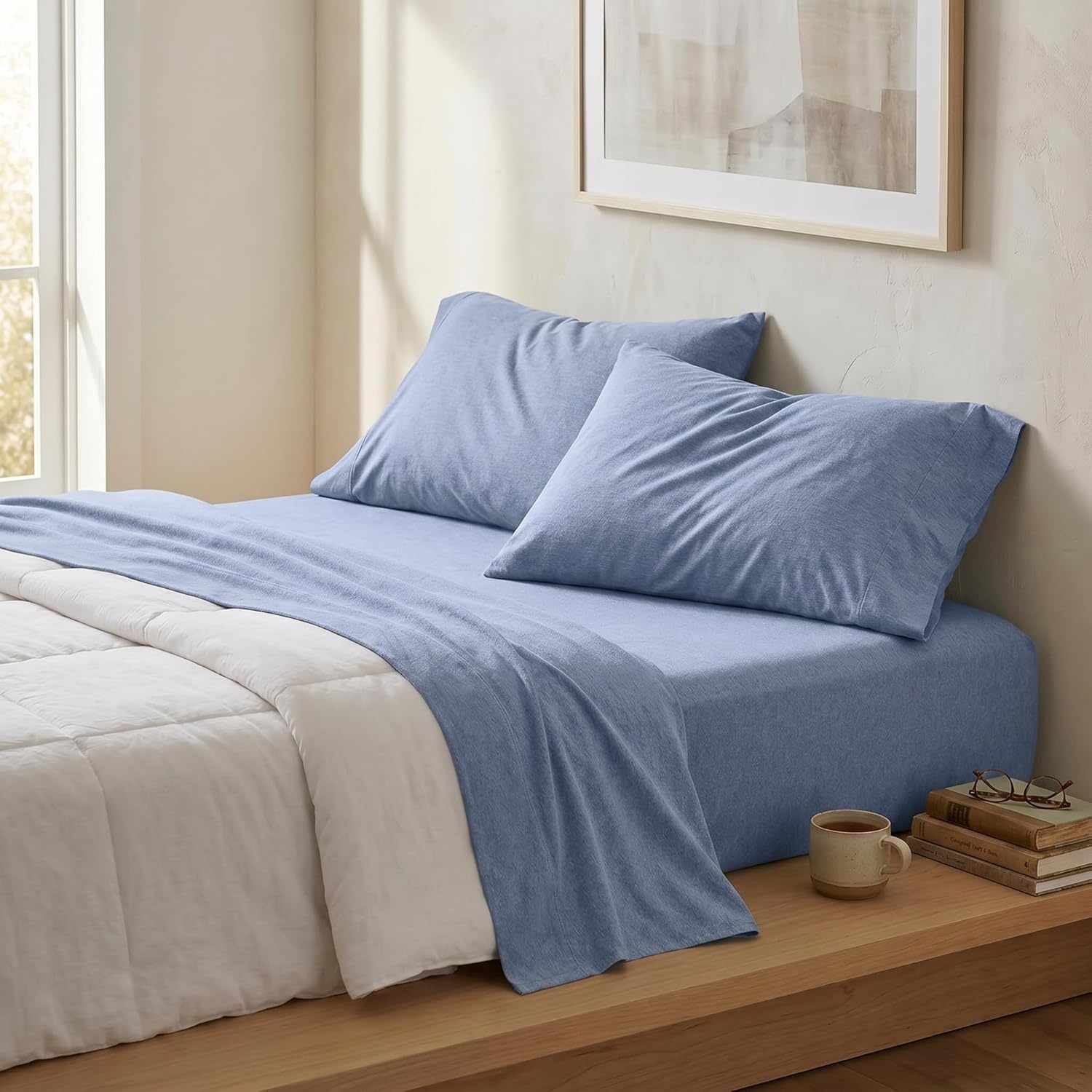 image:imageUS POLO ASSN Jersey Knit Sheet Set Cotton Blend TShirt amp Pajama Feel Deep Pocket WrinkleResistant Cooling amp Breathable Everyday Comfort StretchHeather Light Blue
