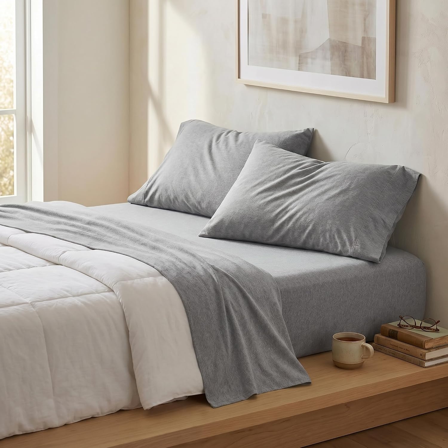 image:imageUS POLO ASSN Jersey Knit Sheet Set Cotton Blend TShirt amp Pajama Feel Deep Pocket WrinkleResistant Cooling amp Breathable Everyday Comfort StretchHeather Light Grey