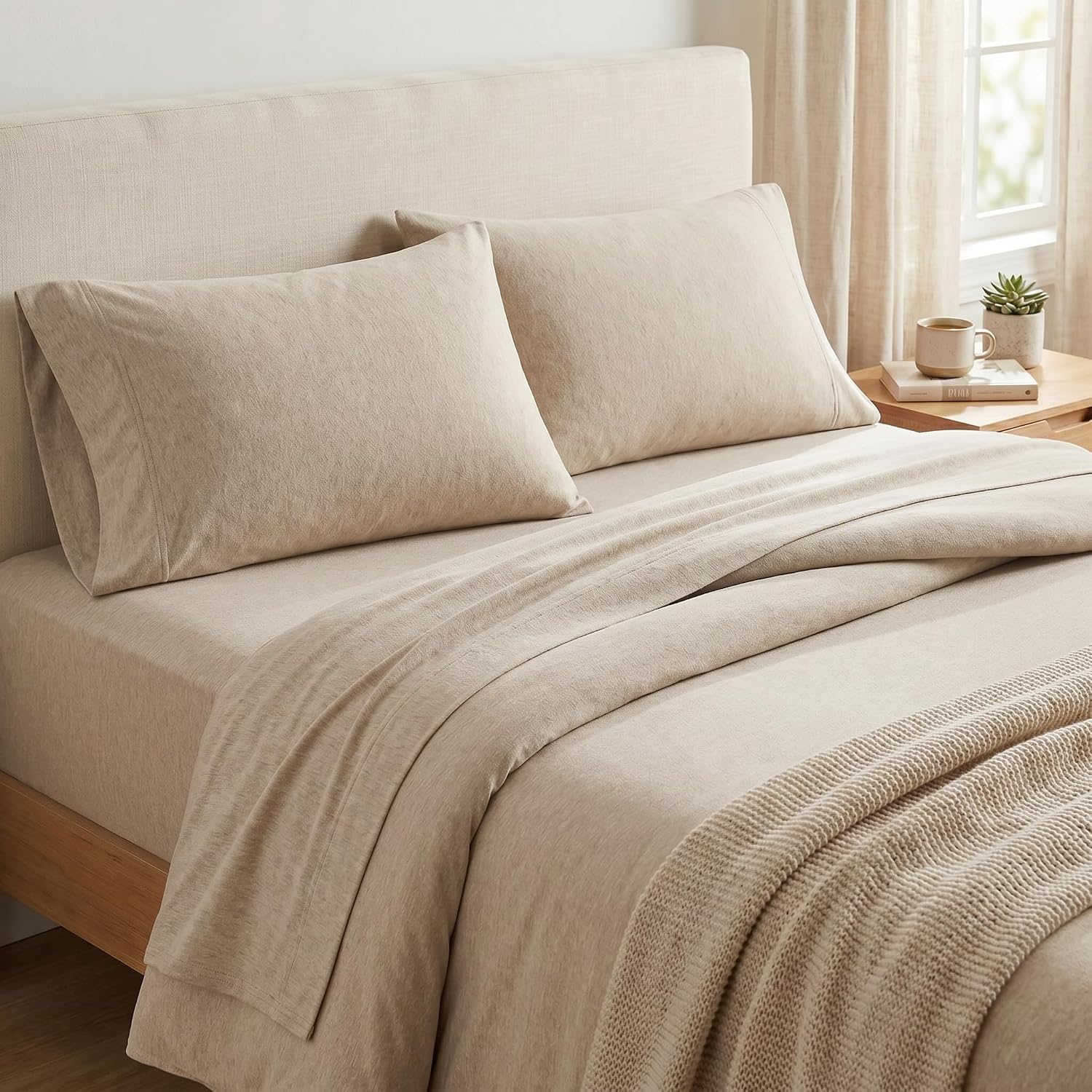 image:imageUS POLO ASSN Jersey Knit Sheet Set Cotton Blend TShirt amp Pajama Feel Deep Pocket WrinkleResistant Cooling amp Breathable Everyday Comfort StretchHeather Oatmeal