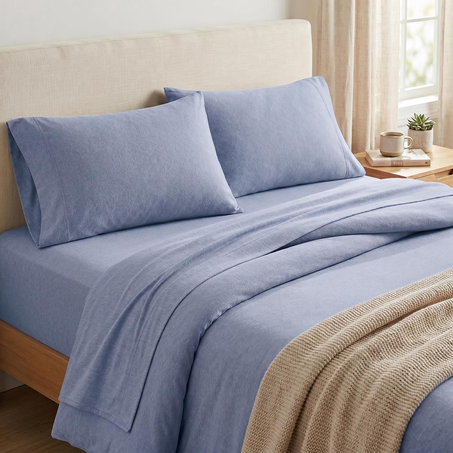 image:imageUS POLO ASSN Jersey Knit Sheet Set Cotton Blend TShirt amp Pajama Feel Deep Pocket WrinkleResistant Cooling amp Breathable Everyday Comfort StretchHeather Light Blue