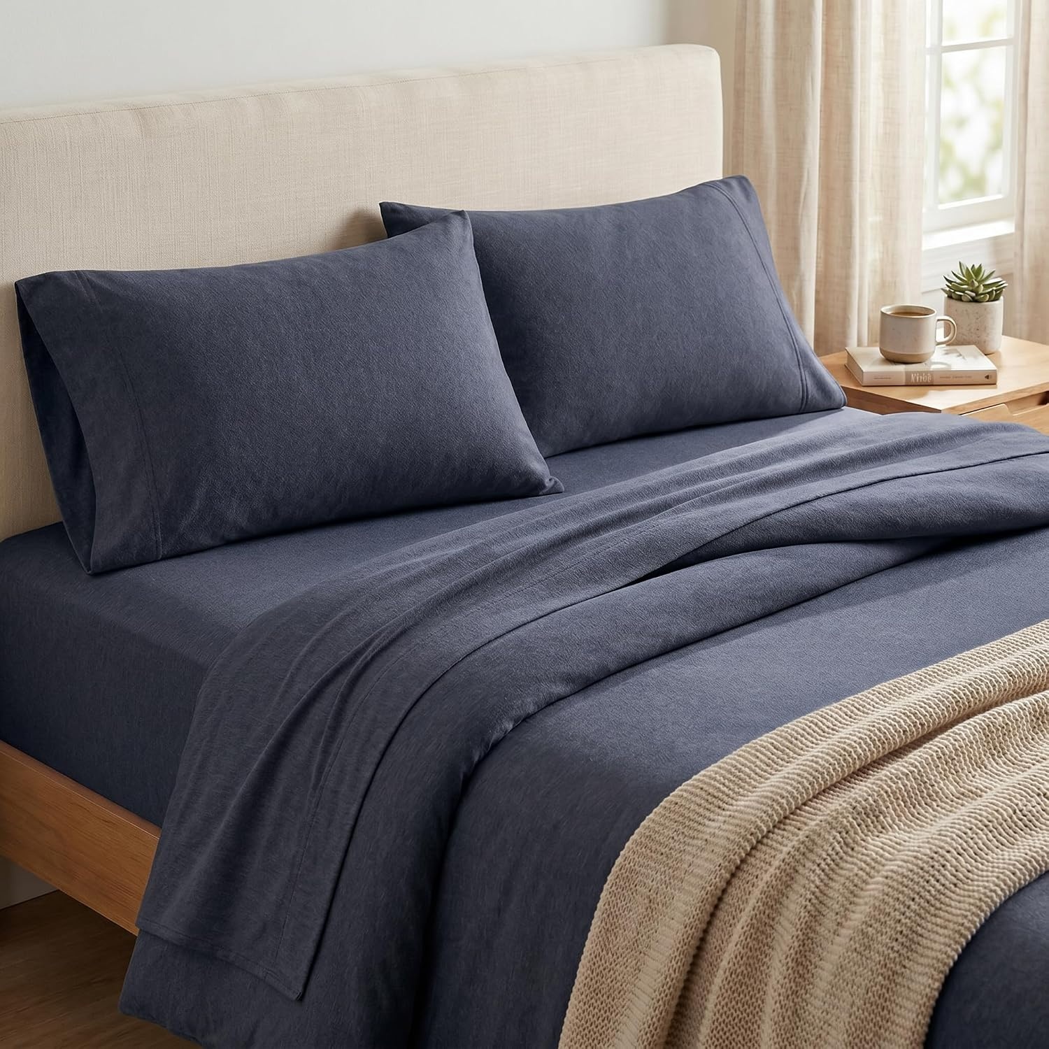 image:imageUS POLO ASSN Jersey Knit Sheet Set Cotton Blend TShirt amp Pajama Feel Deep Pocket WrinkleResistant Cooling amp Breathable Everyday Comfort StretchHeather Navy