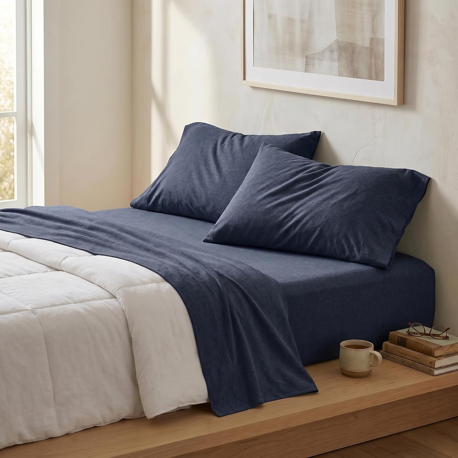 image:imageUS POLO ASSN Jersey Knit Sheet Set Cotton Blend TShirt amp Pajama Feel Deep Pocket WrinkleResistant Cooling amp Breathable Everyday Comfort StretchHeather Navy