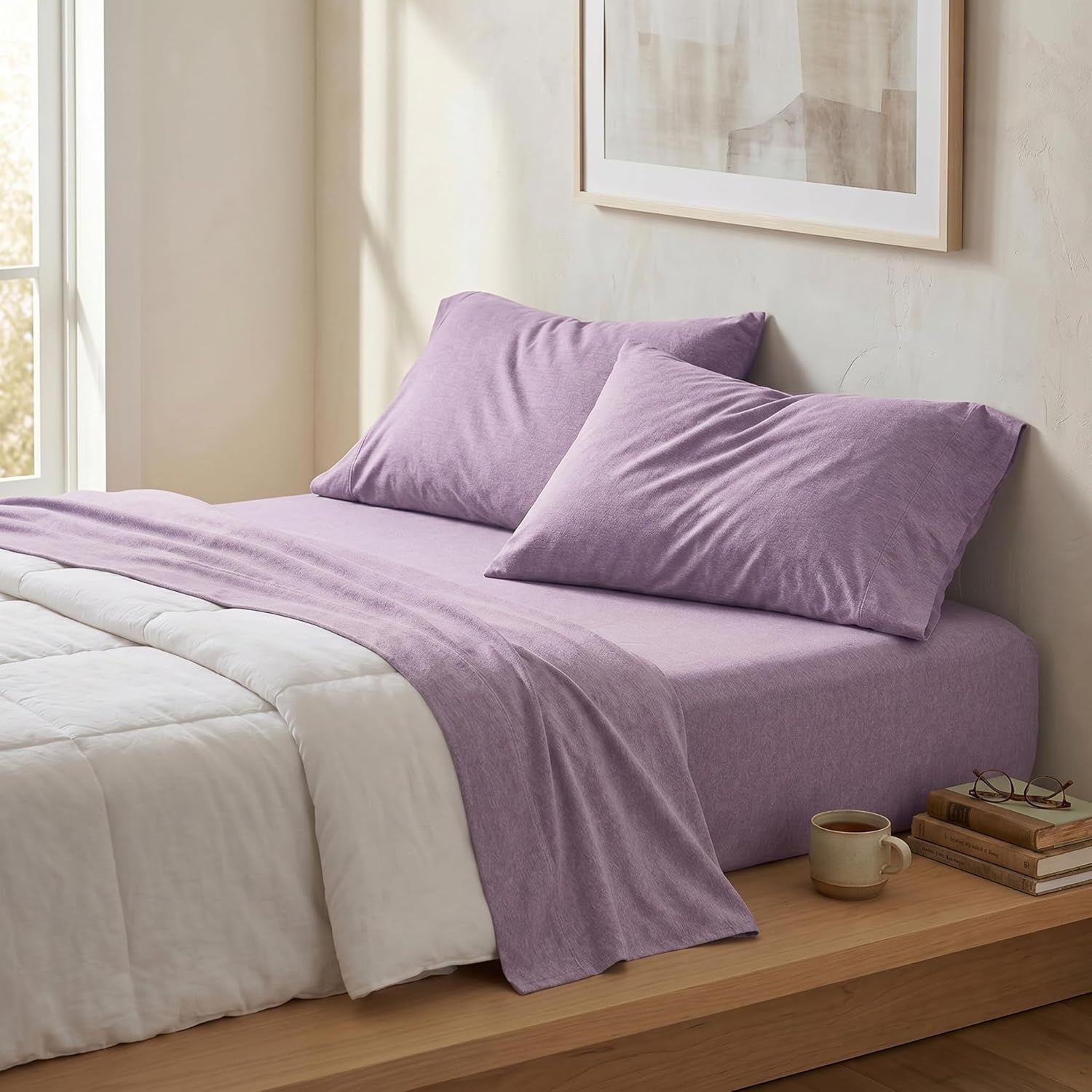 image:imageUS POLO ASSN Jersey Knit Sheet Set Cotton Blend TShirt amp Pajama Feel Deep Pocket WrinkleResistant Cooling amp Breathable Everyday Comfort StretchLavender