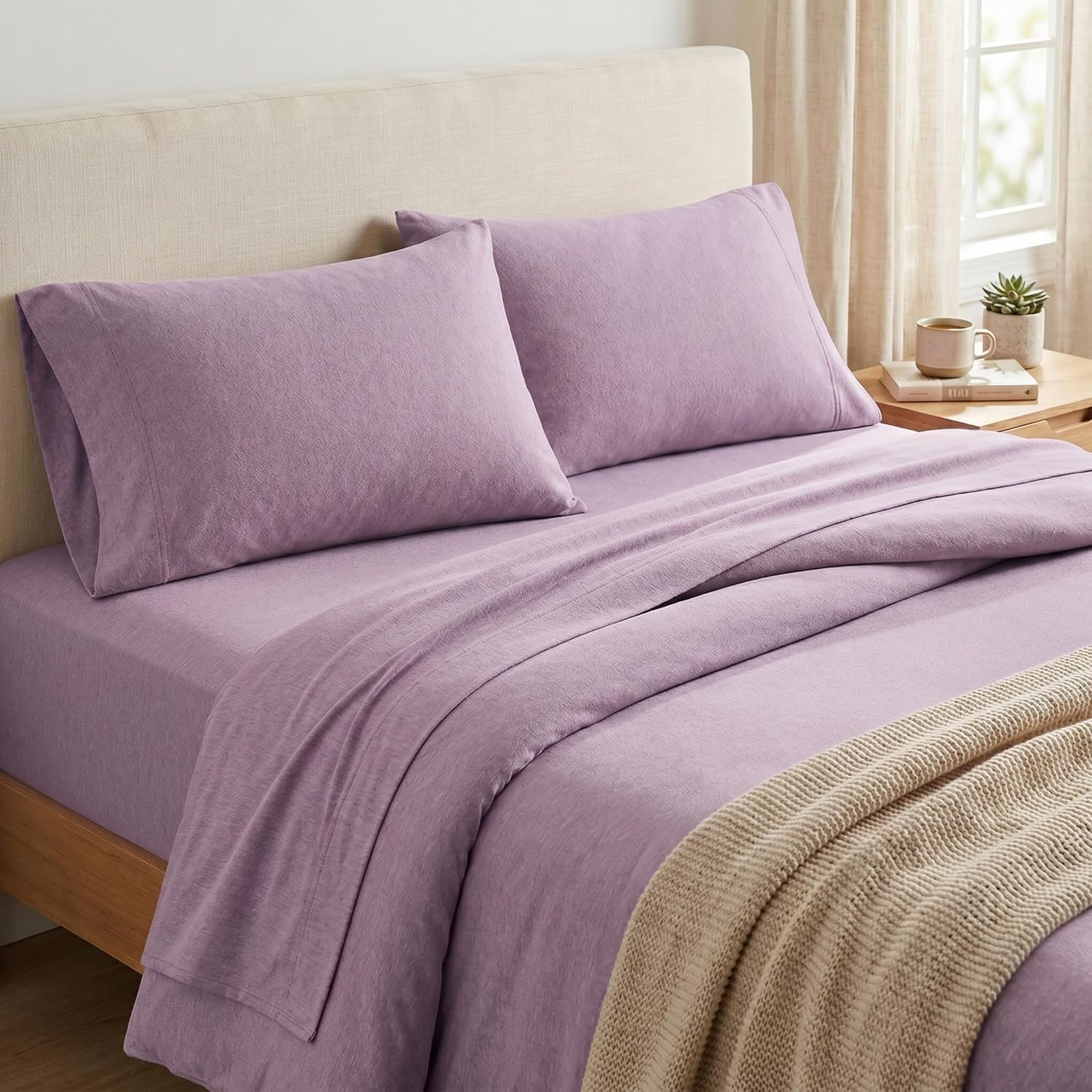 image:imageUS POLO ASSN Jersey Knit Sheet Set Cotton Blend TShirt amp Pajama Feel Deep Pocket WrinkleResistant Cooling amp Breathable Everyday Comfort StretchLavender