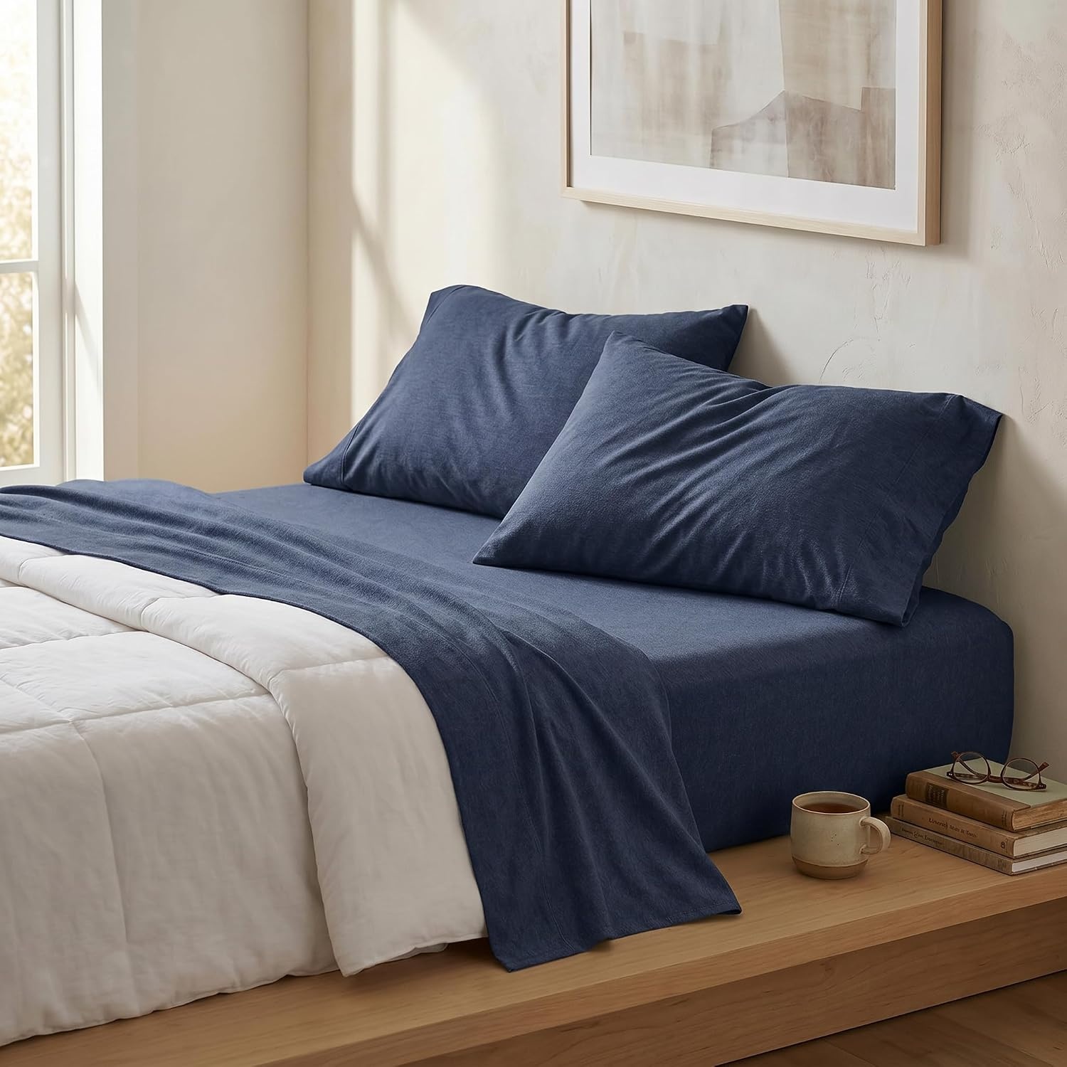 image:imageUS POLO ASSN Jersey Knit Sheet Set Cotton Blend TShirt amp Pajama Feel Deep Pocket WrinkleResistant Cooling amp Breathable Everyday Comfort StretchNavy