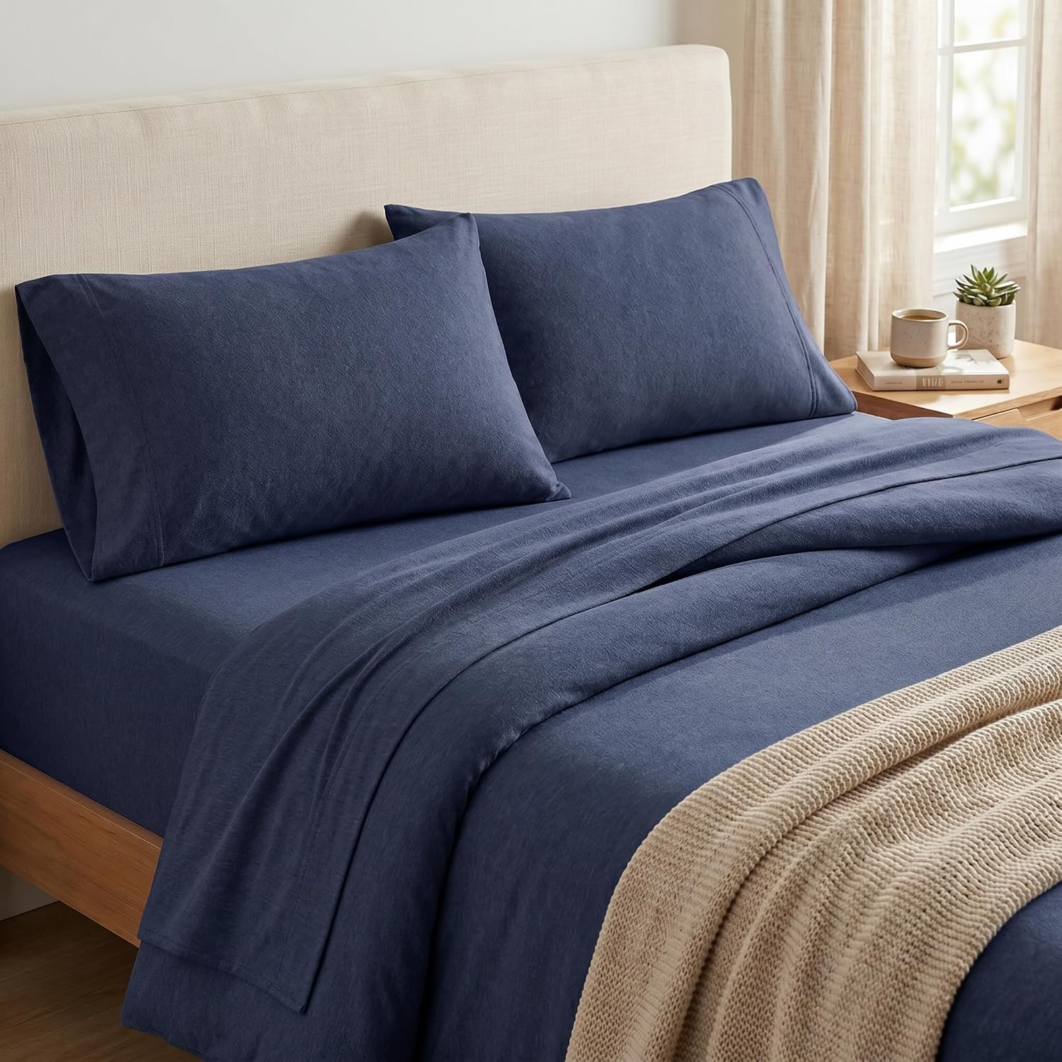 image:imageUS POLO ASSN Jersey Knit Sheet Set Cotton Blend TShirt amp Pajama Feel Deep Pocket WrinkleResistant Cooling amp Breathable Everyday Comfort StretchNavy