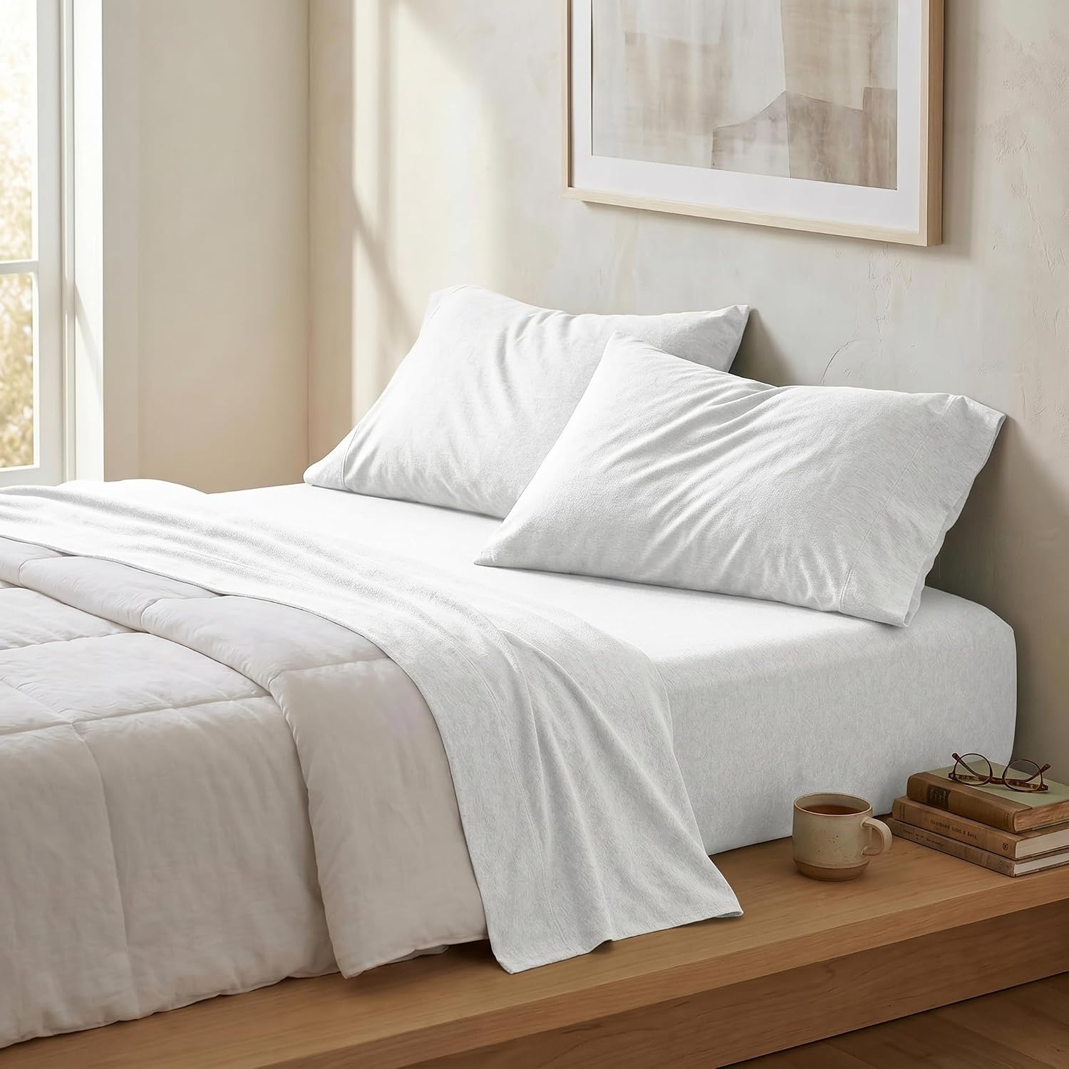 image:imageUS POLO ASSN Jersey Knit Sheet Set Cotton Blend TShirt amp Pajama Feel Deep Pocket WrinkleResistant Cooling amp Breathable Everyday Comfort StretchWhite