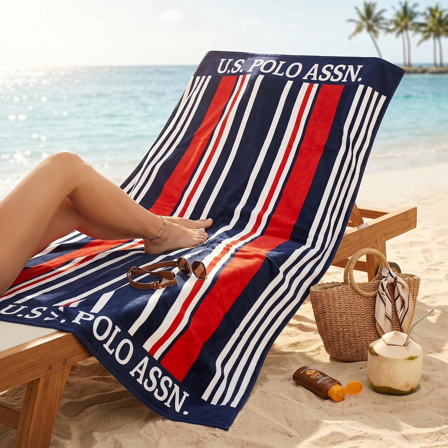 image:imageUS POLO ASSN Oversized Beach and Pool Towel 100 Cotton Velour 40 x 70 Inch Lightweight Absorbent for Beach Pool or Spa 1 Bon VoyageBon Voyage