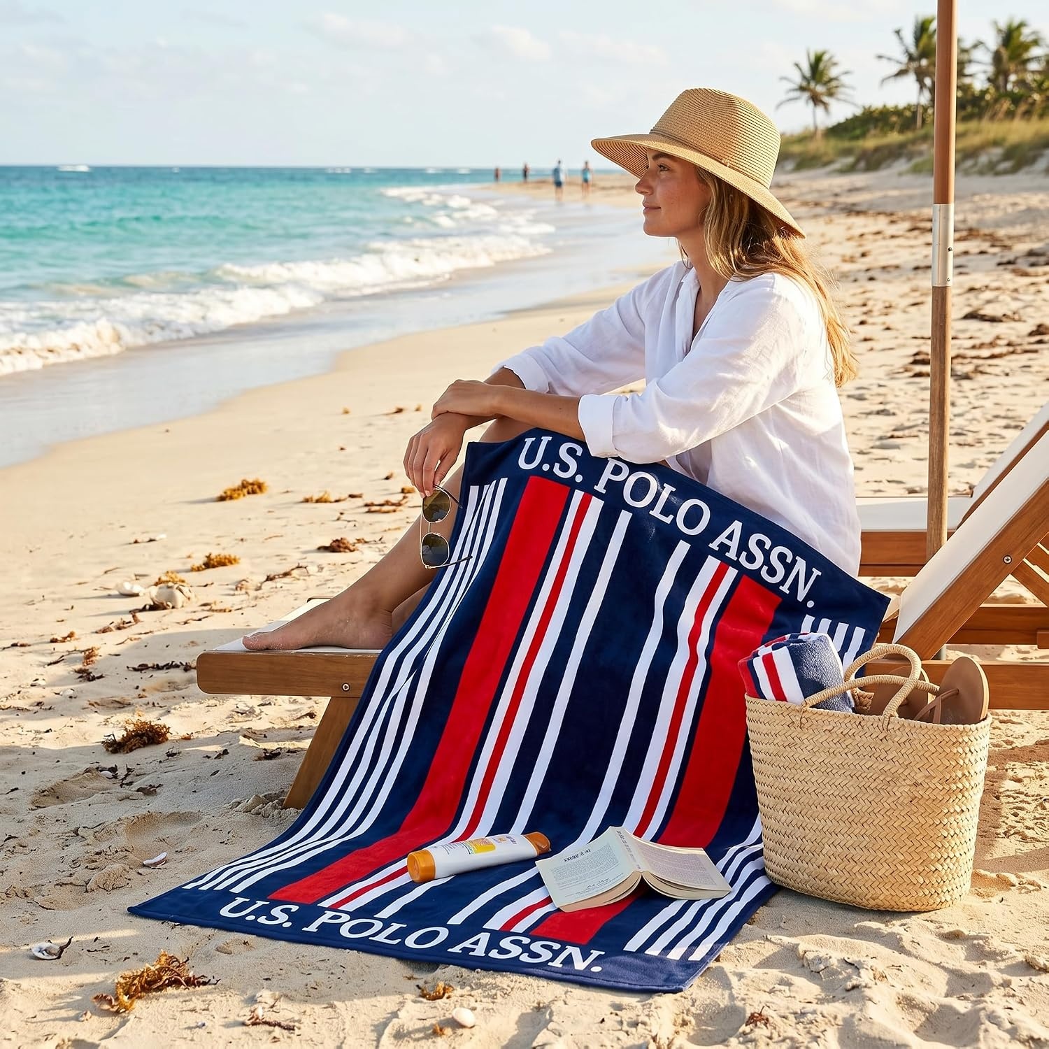 image:imageUS POLO ASSN Oversized Beach and Pool Towel 100 Cotton Velour 40 x 70 Inch Lightweight Absorbent for Beach Pool or Spa 1 Bon VoyageBon Voyage
