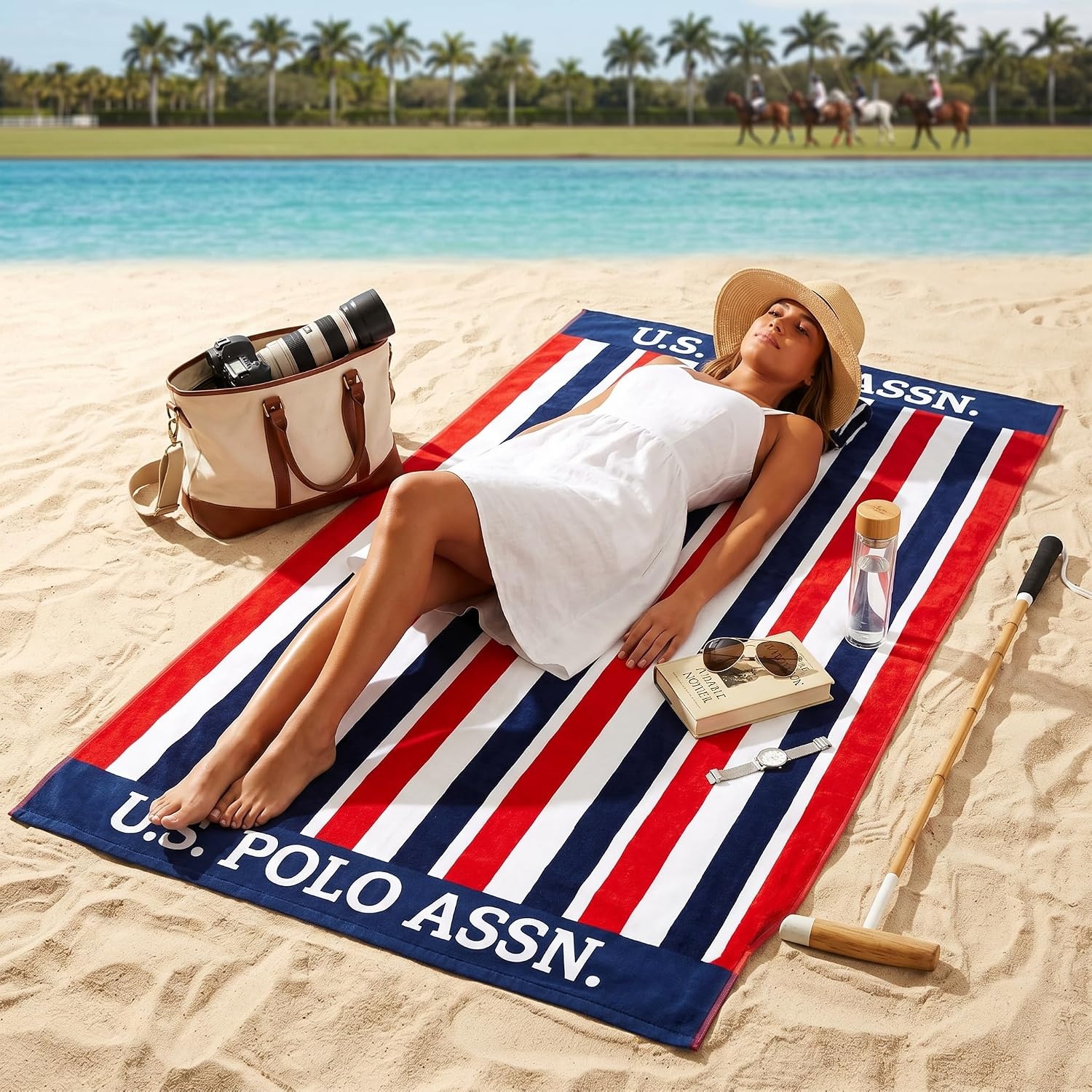 image:imageUS POLO ASSN Oversized Beach and Pool Towel 100 Cotton Velour 40 x 70 Inch Lightweight Absorbent for Beach Pool or Spa 1 Bon VoyageEast Coast