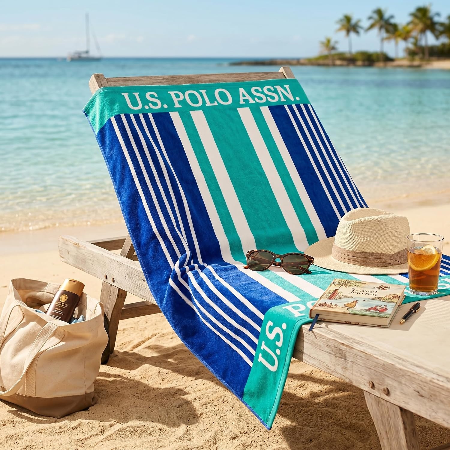 image:imageUS POLO ASSN Oversized Beach and Pool Towel 100 Cotton Velour 40 x 70 Inch Lightweight Absorbent for Beach Pool or Spa 1 Bon VoyageGreen West Coast