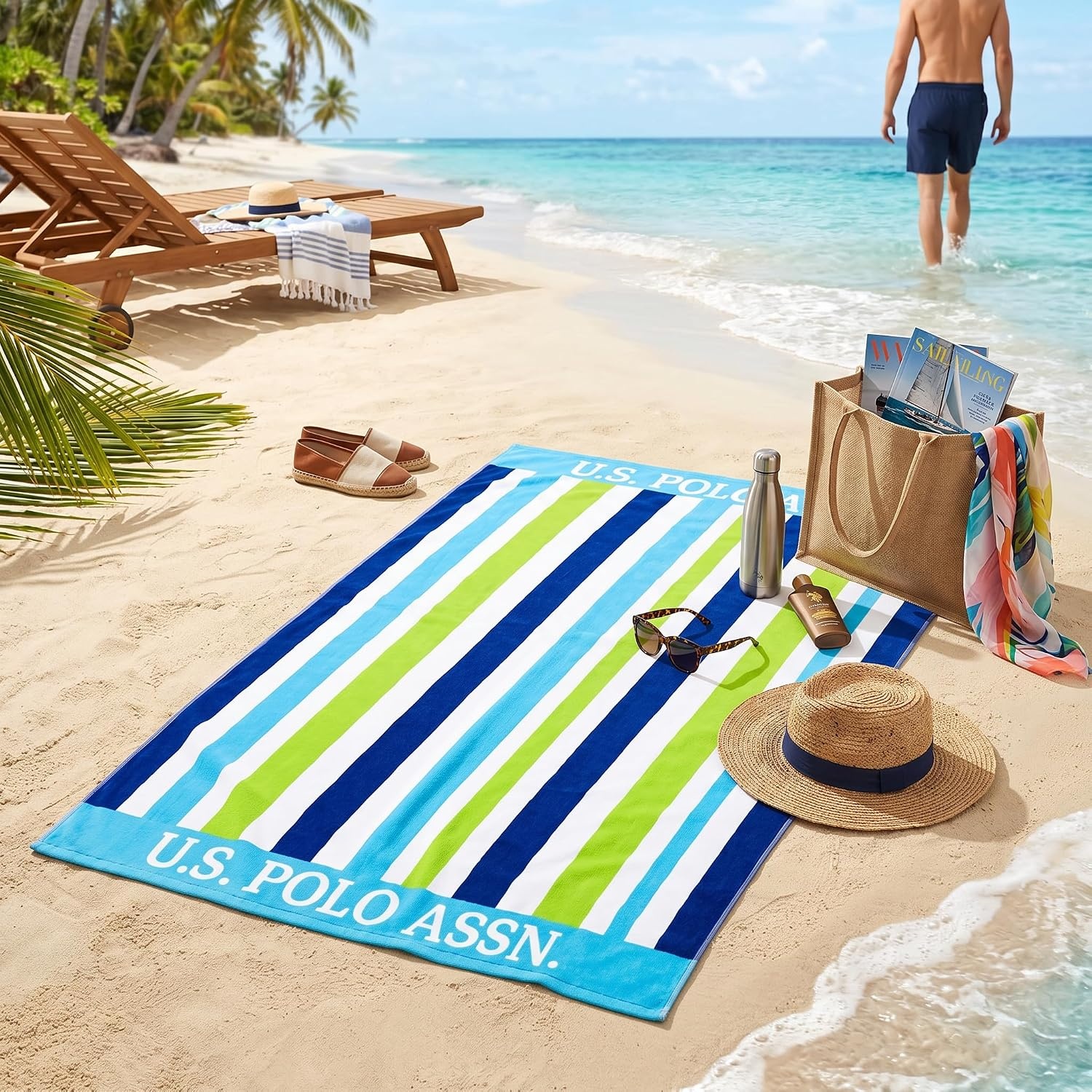 image:imageUS POLO ASSN Oversized Beach and Pool Towel 100 Cotton Velour 40 x 70 Inch Lightweight Absorbent for Beach Pool or Spa 1 Bon VoyageLanai