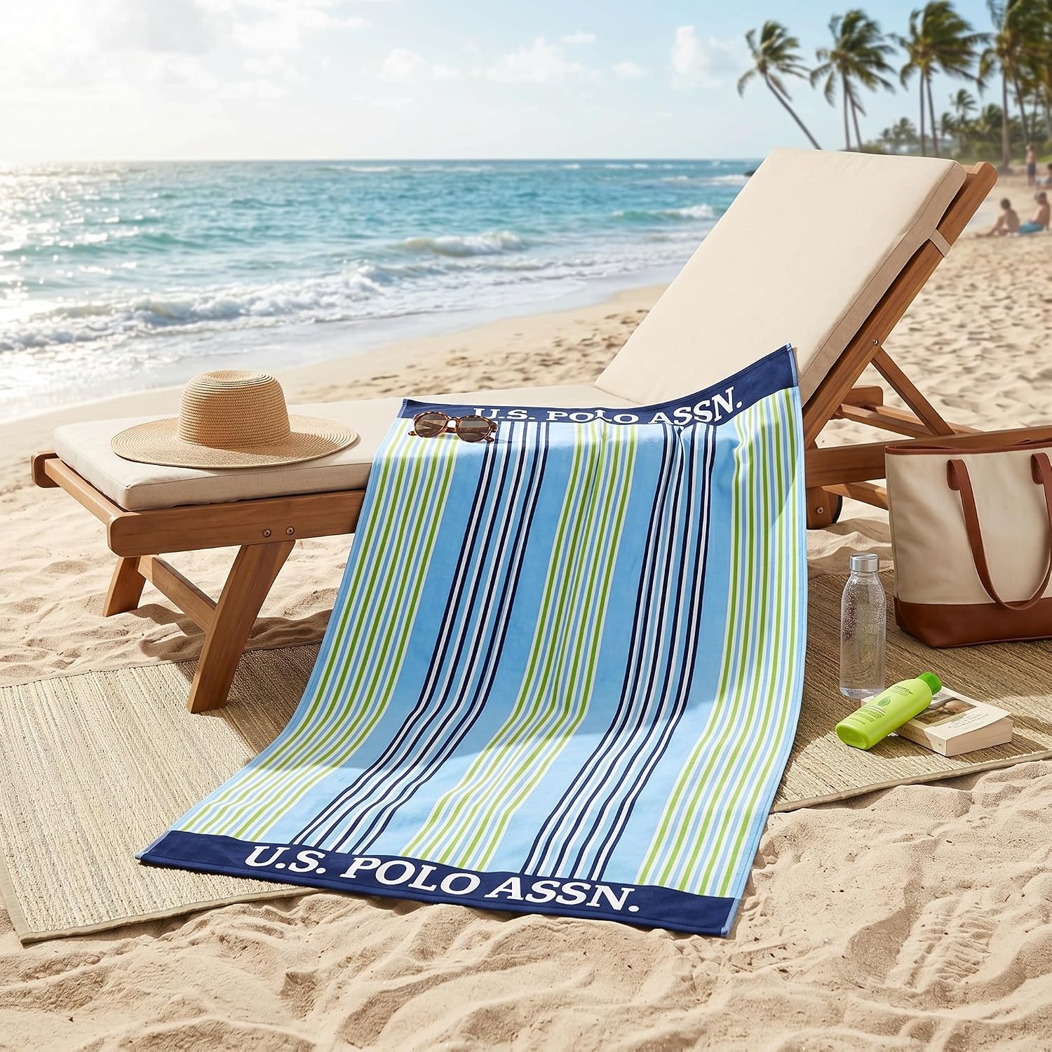 image:imageUS POLO ASSN Oversized Beach and Pool Towel 100 Cotton Velour 40 x 70 Inch Lightweight Absorbent for Beach Pool or Spa 1 Bon VoyagePort Stripe