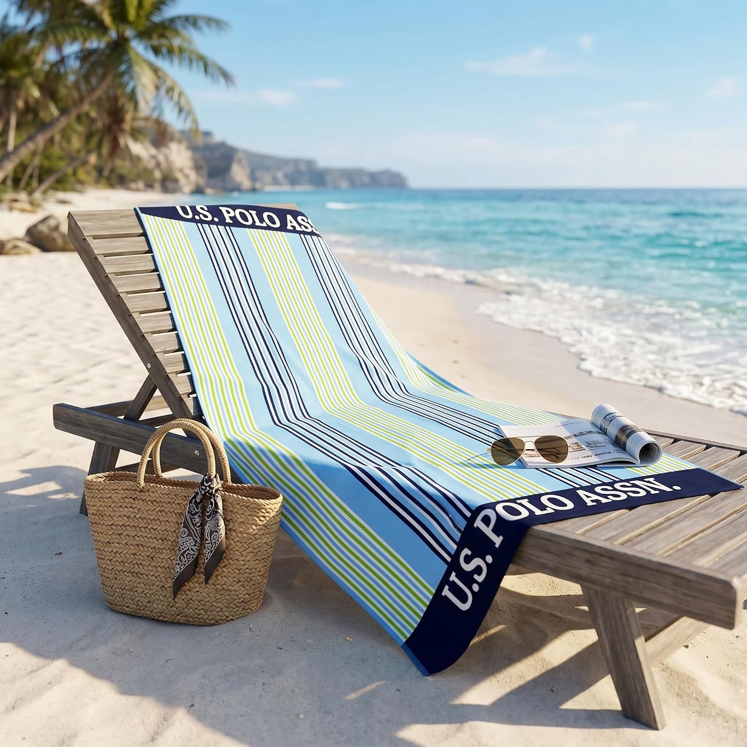 image:imageUS POLO ASSN Oversized Beach and Pool Towel 100 Cotton Velour 40 x 70 Inch Lightweight Absorbent for Beach Pool or Spa 1 Bon VoyagePort Stripe