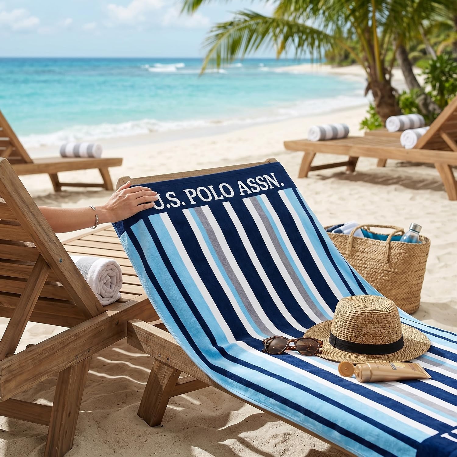 image:imageUS POLO ASSN Oversized Beach and Pool Towel 100 Cotton Velour 40 x 70 Inch Lightweight Absorbent for Beach Pool or Spa 1 Bon VoyageSail Away