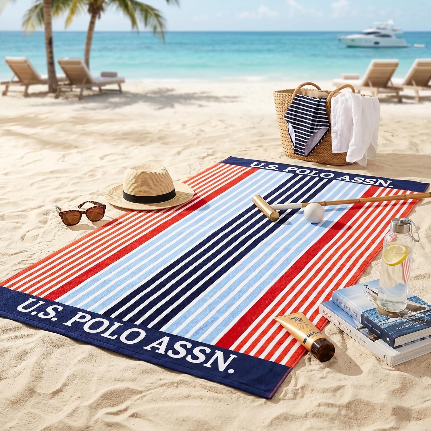 image:imageUS POLO ASSN Oversized Beach and Pool Towel 100 Cotton Velour 40 x 70 Inch Lightweight Absorbent for Beach Pool or Spa 1 Bon VoyageVero