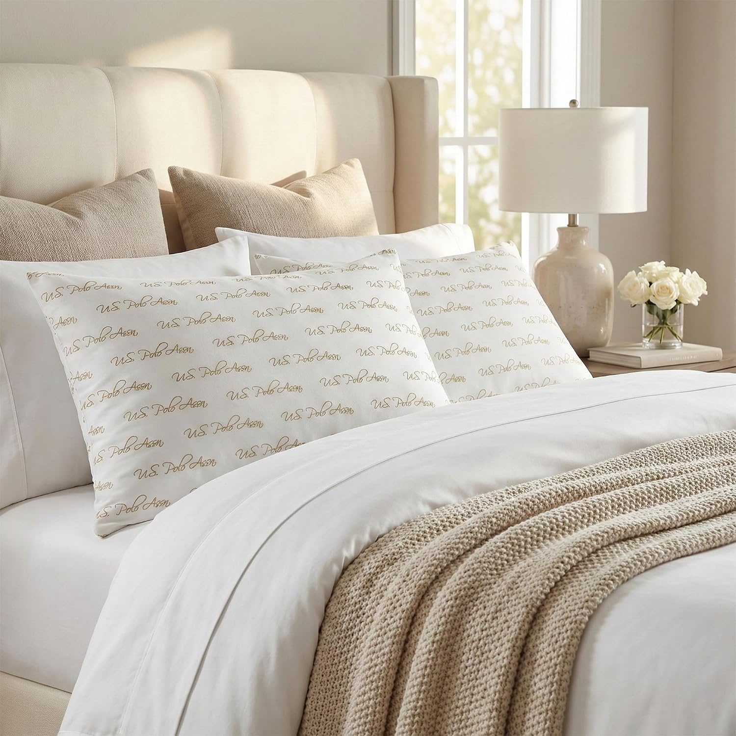 image:imageUS POLO ASSN Signature Script Standard Microfiber Bed Pillow 2 Pack Soft Breathable Cover Multiple Sleep Positions GoldGold