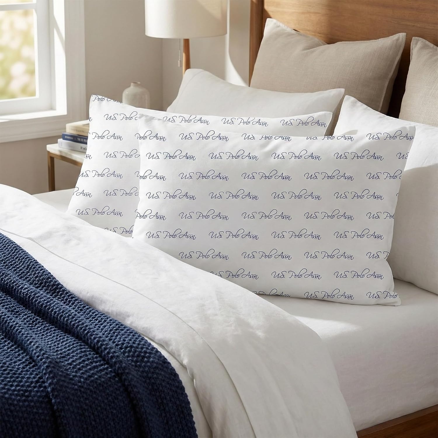 image:imageUS POLO ASSN Signature Script Standard Microfiber Bed Pillow 2 Pack Soft Breathable Cover Multiple Sleep Positions GoldNavy