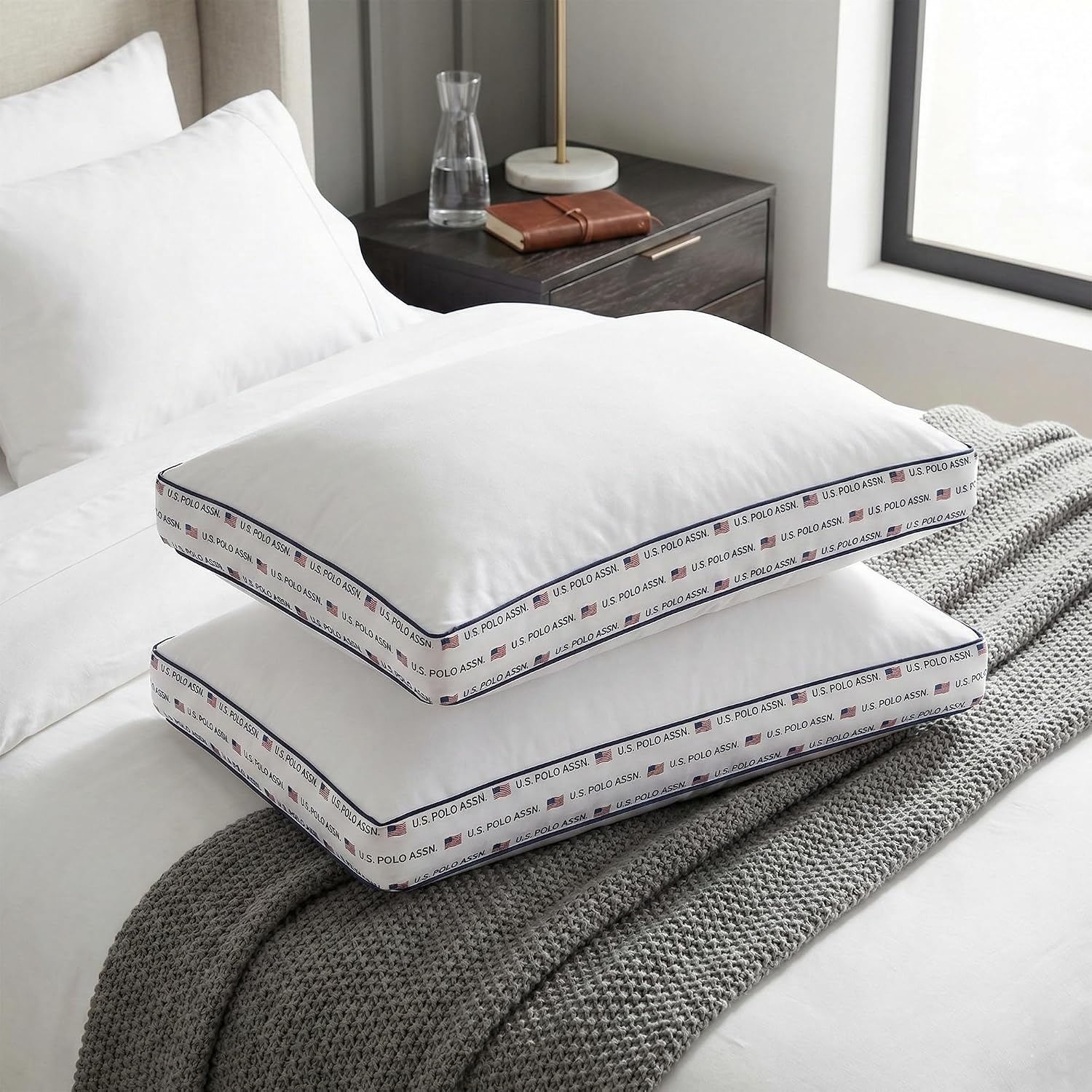 image:imageUS Polo Assn 250th Anniversary Signature DoubleCorded Jumbo Bed Pillow 2 Pack Plush Supportive Fill USA Flag Print