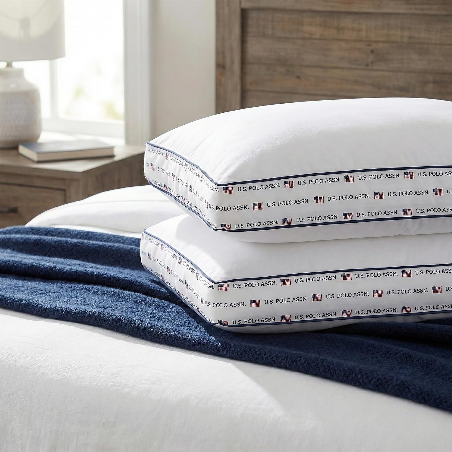 image:imageUS Polo Assn 250th Anniversary Signature DoubleCorded Jumbo Bed Pillow 2 Pack Plush Supportive Fill USA Flag Print