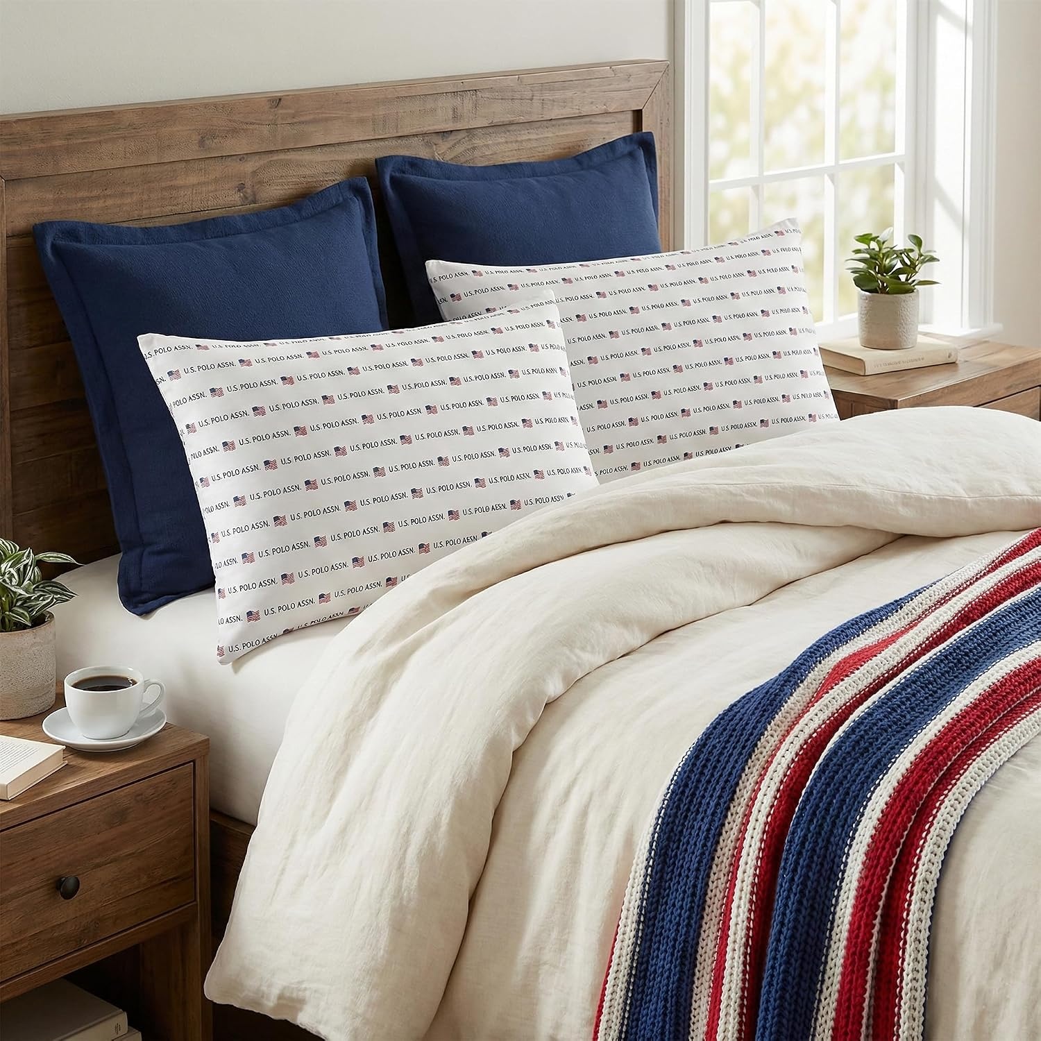 image:imageUS Polo Assn 250th Anniversary Signature Jumbo Bed Pillow 2 Pack USA Flag Print Soft Fabric Cover
