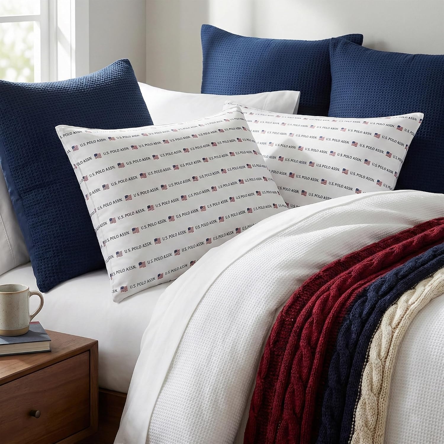 image:imageUS Polo Assn 250th Anniversary Signature Jumbo Bed Pillow 2 Pack USA Flag Print Soft Fabric Cover