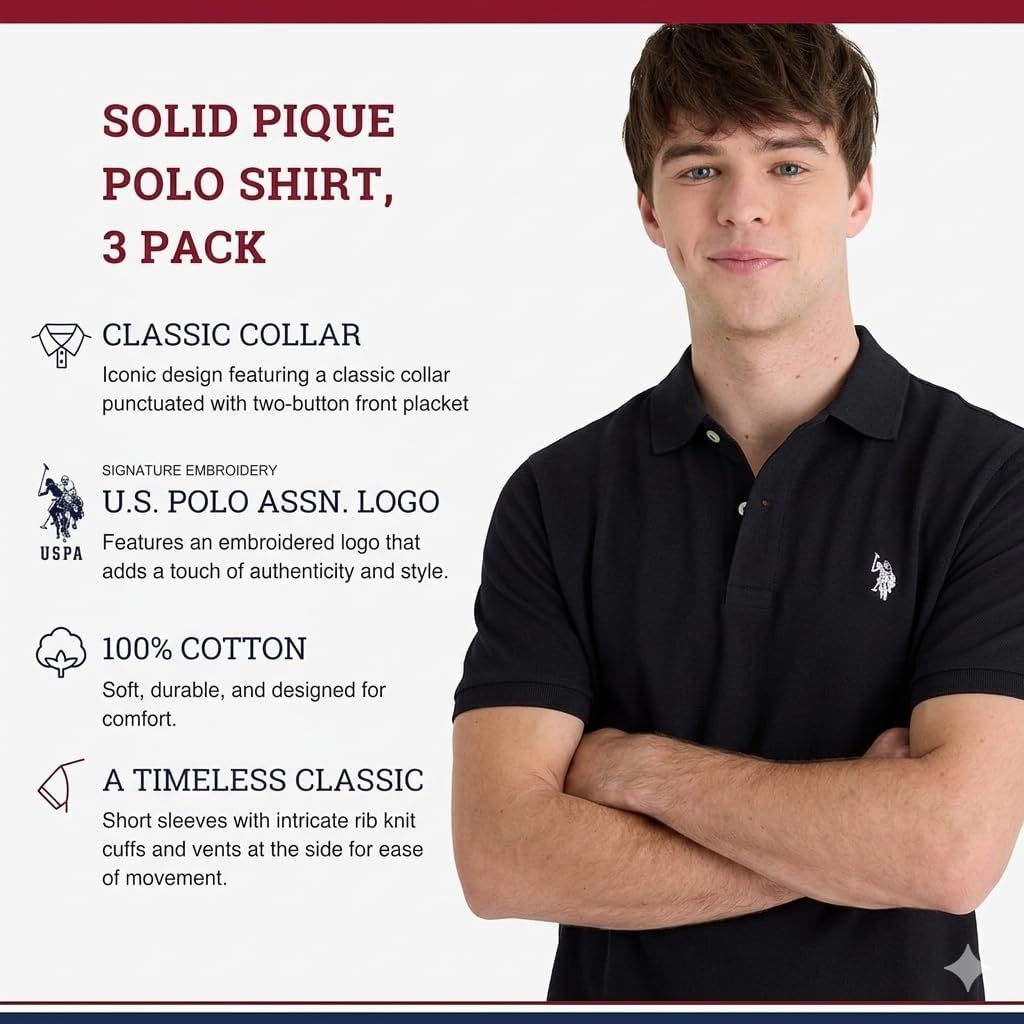 image:imageUS Polo Assn Mens Classic Polo Shirt TwoButton Closure Pique Polo Shirt Summer Fashion Golf ShirtBlack 3pack