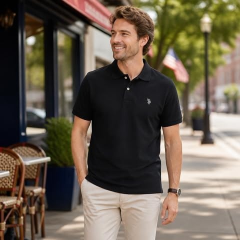 image:imageUS Polo Assn Mens Classic Polo Shirt TwoButton Closure Pique Polo Shirt Summer Fashion Golf ShirtBlackLight Grey