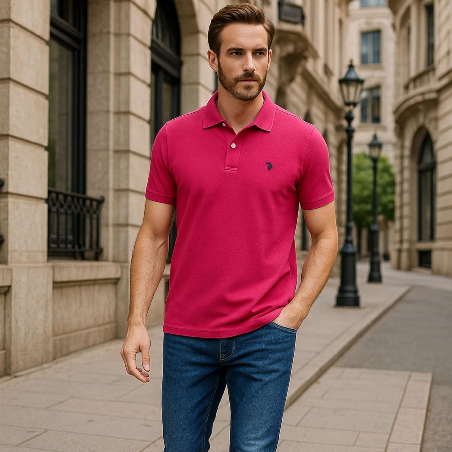 image:imageUS Polo Assn Mens Classic Polo Shirt TwoButton Closure Pique Polo Shirt Summer Fashion Golf ShirtPink Moon